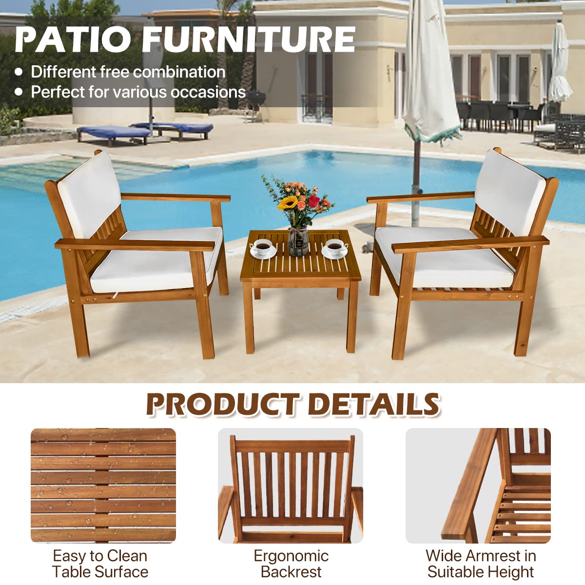 Dkelincs 3-Piece Acacia Wood Outdoor Bistro Set - Patio Table & Teak Chairs for Garden, Backyard, Poolside, Balcony - Perfect for Dining, Relaxing & Entertaining Outdoors