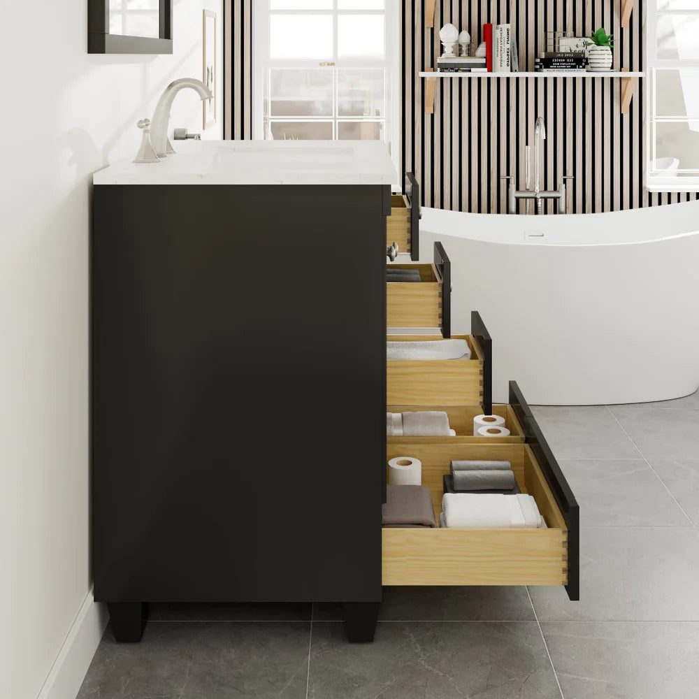 Eviva Acclaim 30 Inch Bathroom Vanity with Carrara Quartz Countertop - Modern White Bathroom Sink Cabinet for Small Spaces, Perfect for Powder Rooms and Guest Bathrooms