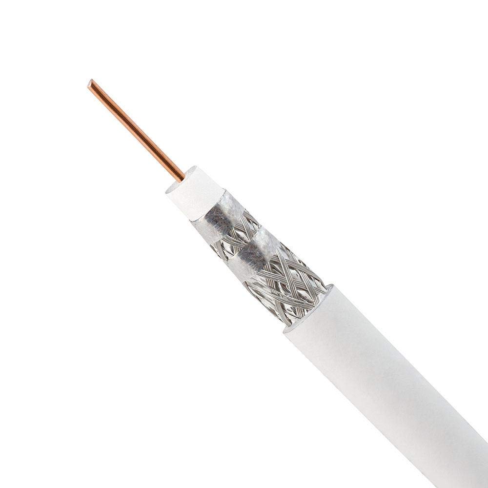 RG6 Quad Shield White 1000ft Coaxial Cable on Wooden Spool - High-Speed Internet & HD TV Signal Transmission for Home Theater & Security Systems