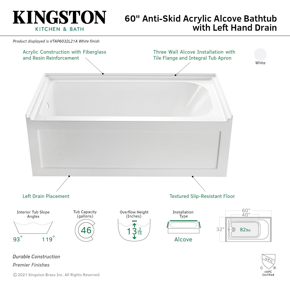 Aqua Eden 60 Inch Acrylic Rectangular 3-Wall Alcove Bathtub with Anti-Slip Surface, Left Drain, Glossy White - Perfect for Modern Bathroom Renovations and Spa-Like Relaxation