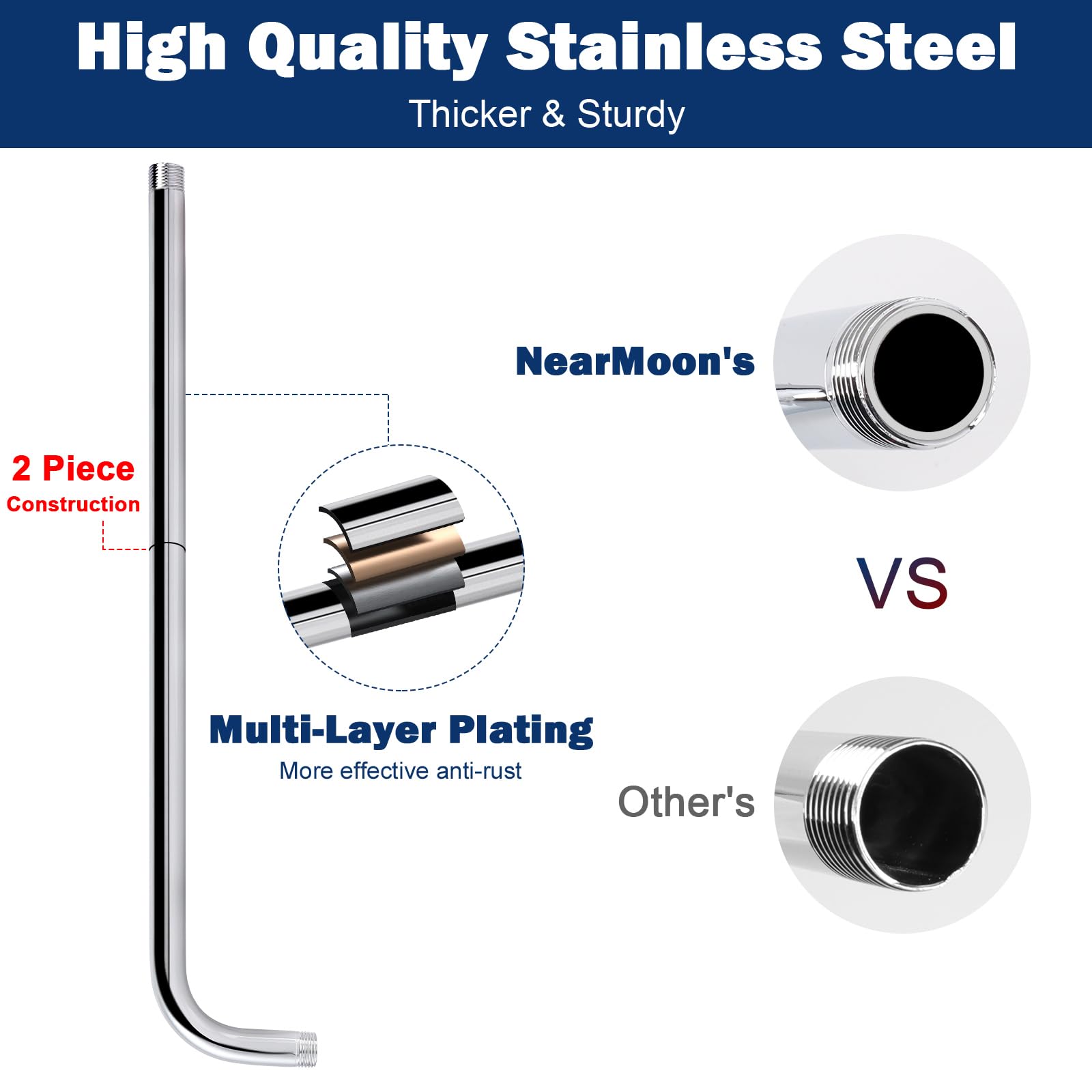 NearMoon 20 Inch Stainless Steel Shower Arm with Flange - Wall-Mounted Chrome Shower Head Extension for Bathroom & Spa - Perfect for Home, Hotel, and Gym Installations
