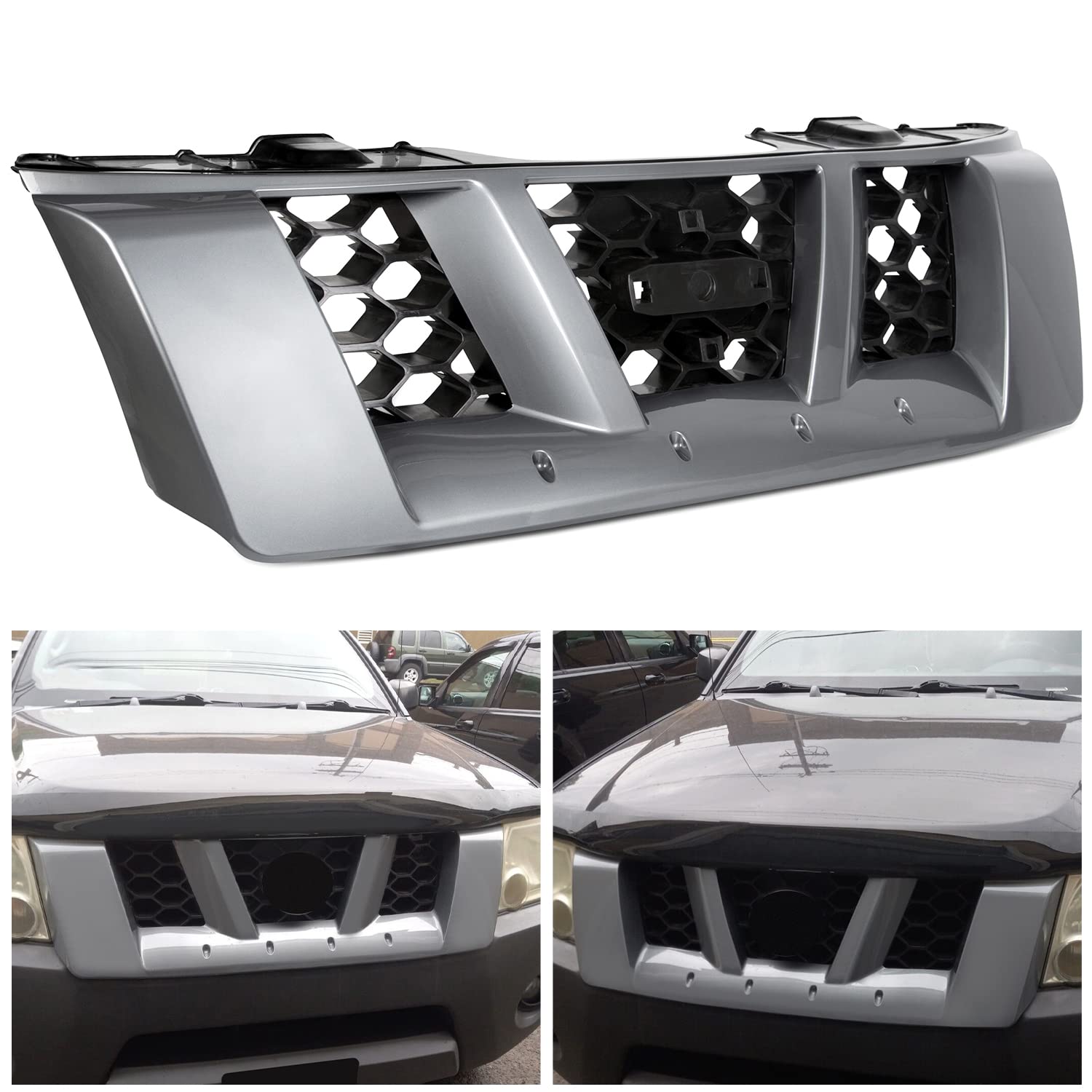 HECASA Front Grill Replacement for 2005-2008 Nissan Xterra Off-Road S SE Models - OEM 62310ZS20A, 62310EA000, NI1200220 Compatible - Bright Gray Bumper Upper Grille - Perfect for Off-Roading & Truck Customization