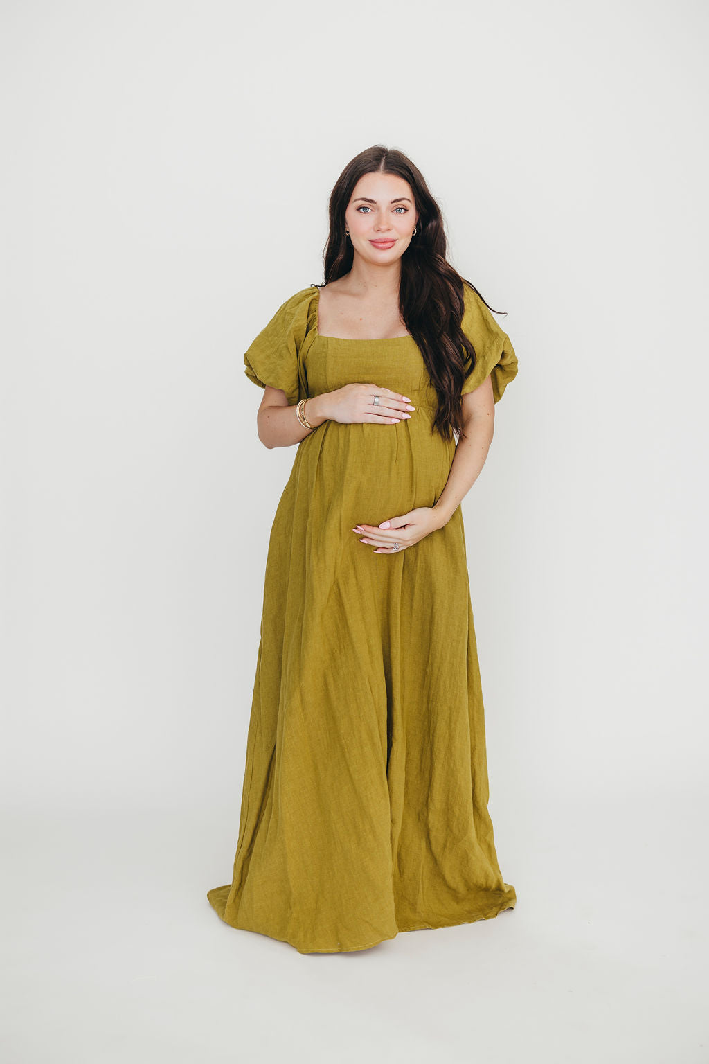 Candace Maxi Dress in Olive - 100% Linen Maternity Dress for Women | Bump Friendly, Comfortable & Stylish for Pregnancy, Nursing, and Everyday Wear