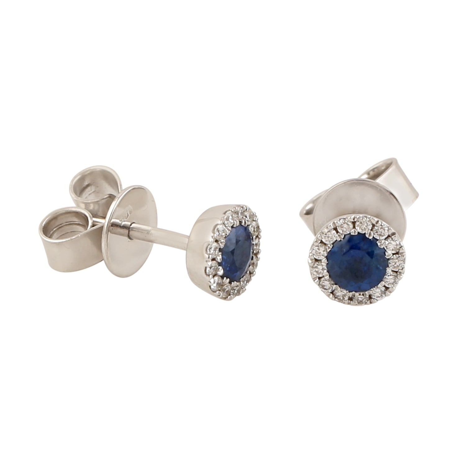 Exquisite 18K White Gold Blue Sapphire Pave Diamond Halo Stud Earrings | Elegant Jewelry for Weddings, Parties & Special Occasions