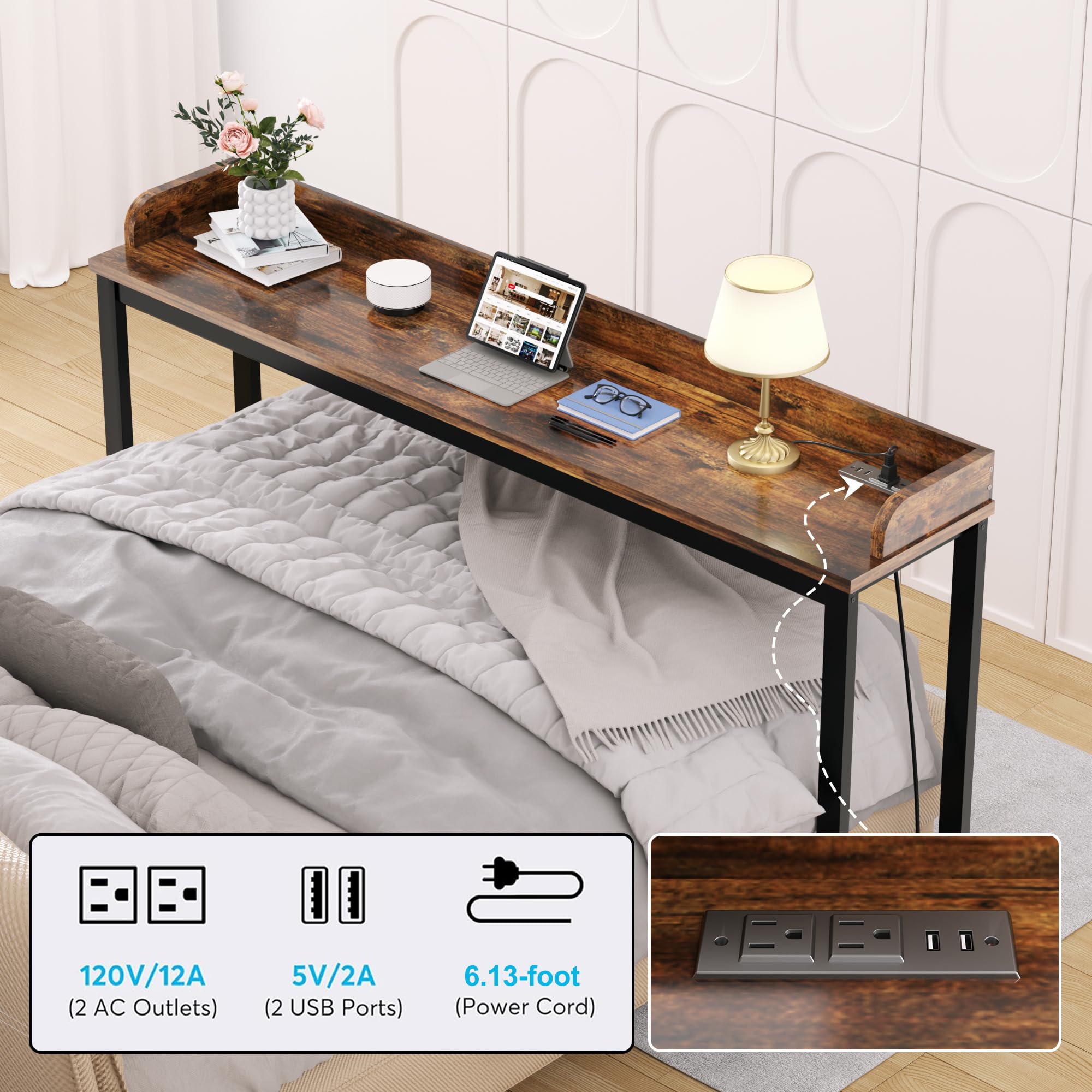 Walnut Overbed Table with Wheels & Charging Station - 70.8