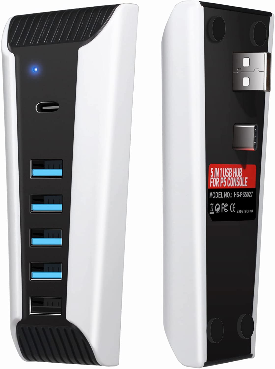 5-Port USB Hub for PS5 - High-Speed USB 3.0 Expansion Hub with 4 USB Ports + 1 Charging Port + 1 Type-C Port - Compatible with PlayStation 5 Console - Perfect for Gaming Setup & Multi-Device Charging Station
