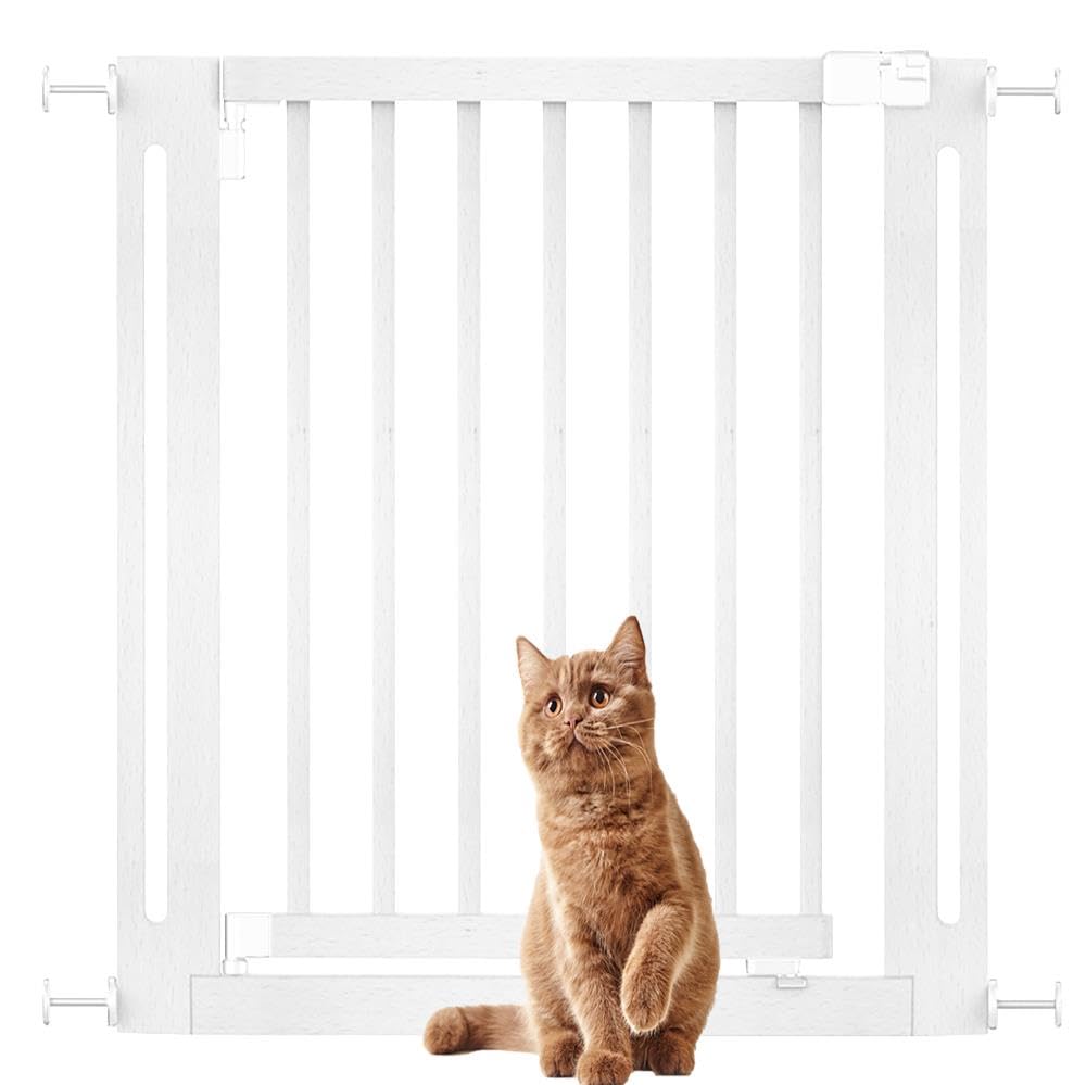 White Wooden Elegance Dog Gate - 79cm to 87cm Adjustable Pressure Fit Safety Gate, 57cm Extra Wide Doorway for Puppies, Dogs & Pets | Stylish Home Decor for Hallways, Stairs & Doorways | Easy Installation No Tools Needed