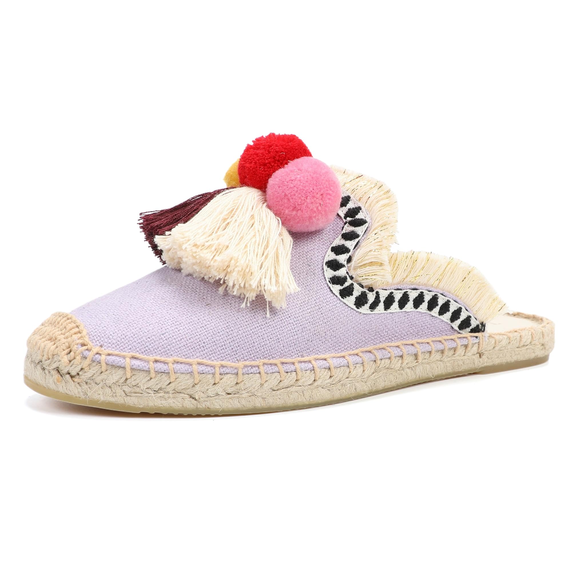 Women's Comfortable Mule Flat Shoes with Tassel & Pompom - Soft Espadrilles Slides Backless Slippers for Summer, Beach, and Casual Wear