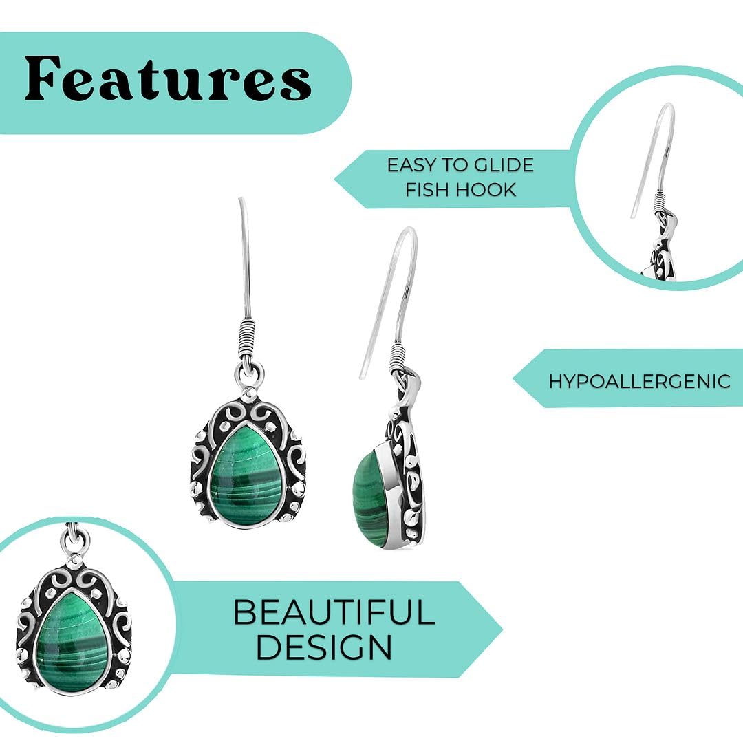 925 Sterling Silver Green Malachite Drop Dangle Earrings for Women | Handmade Gemstone Jewelry | Birthday Gift for Her | Perfect for Parties, Weddings & Special Occasions
