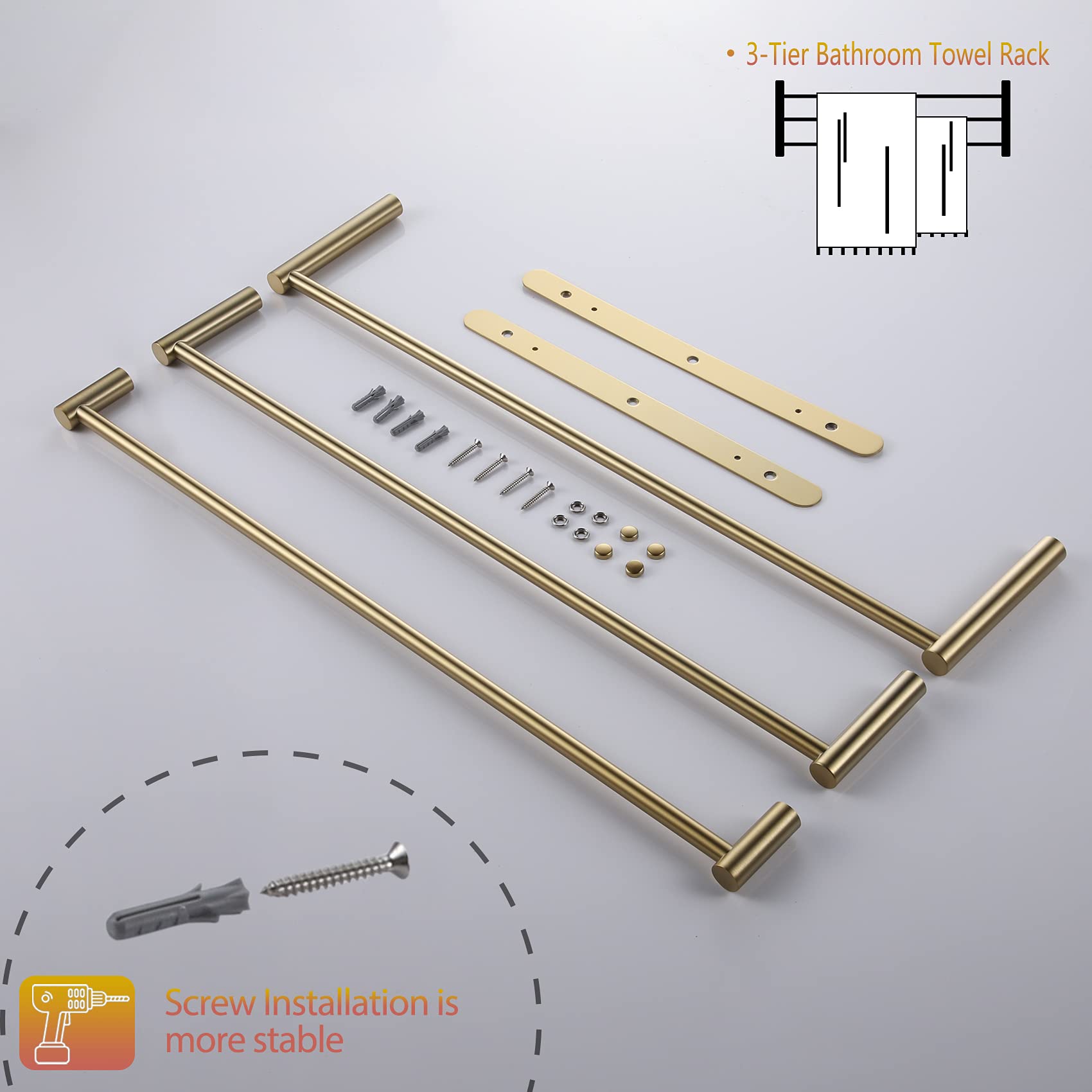 Stainless Steel 3-Tier Ladder Towel Holder - Wall Mounted Bathroom Towel Rack with Shelves (Brushed Gold, B5002BG-L24) - Perfect for Spa, Guest Bathroom & Luxury Home Decor