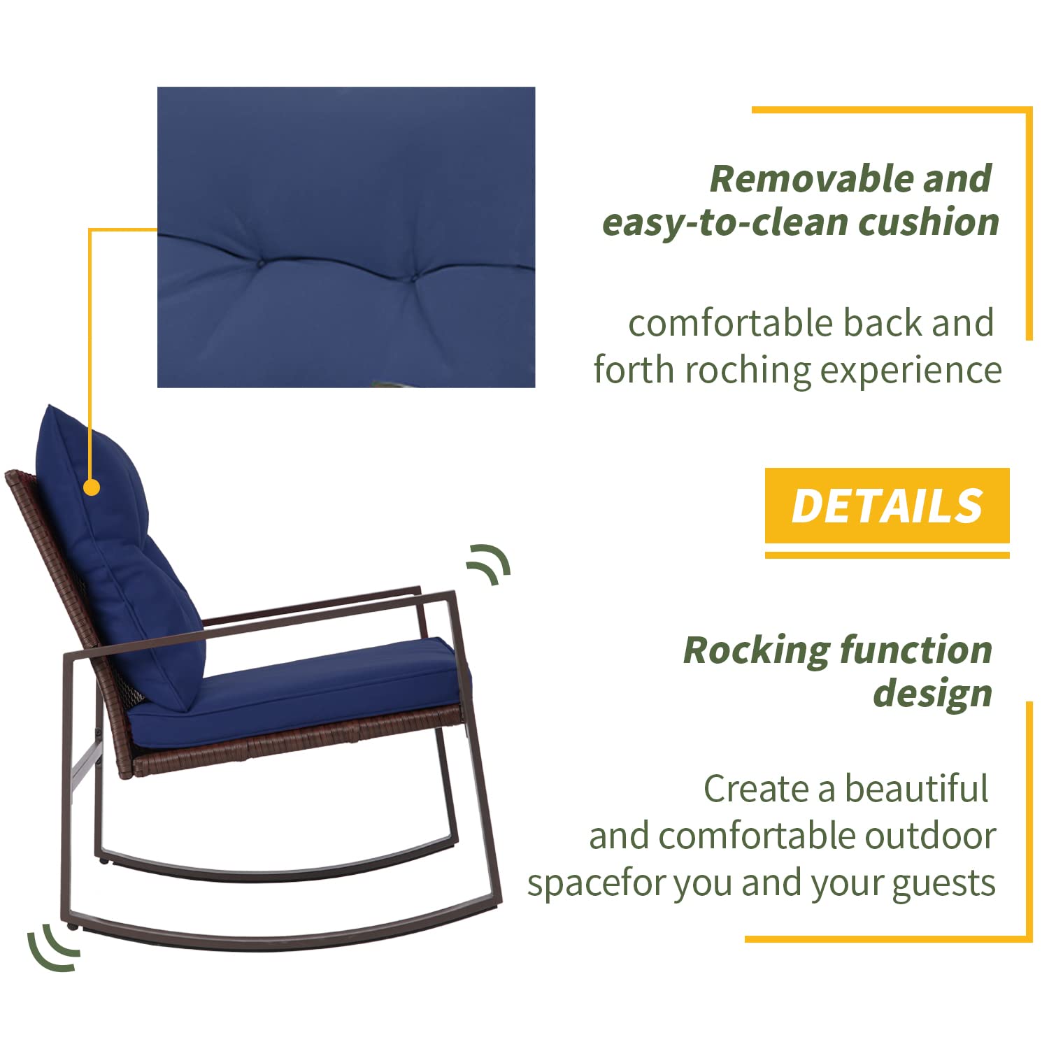 SUNCROWN 3-Piece Outdoor Rocking Chair Set - Brown Wicker Patio Bistro Chairs with Glass Coffee Table & Dark Blue Cushions - Perfect for Garden, Porch, Backyard and Poolside Relaxation