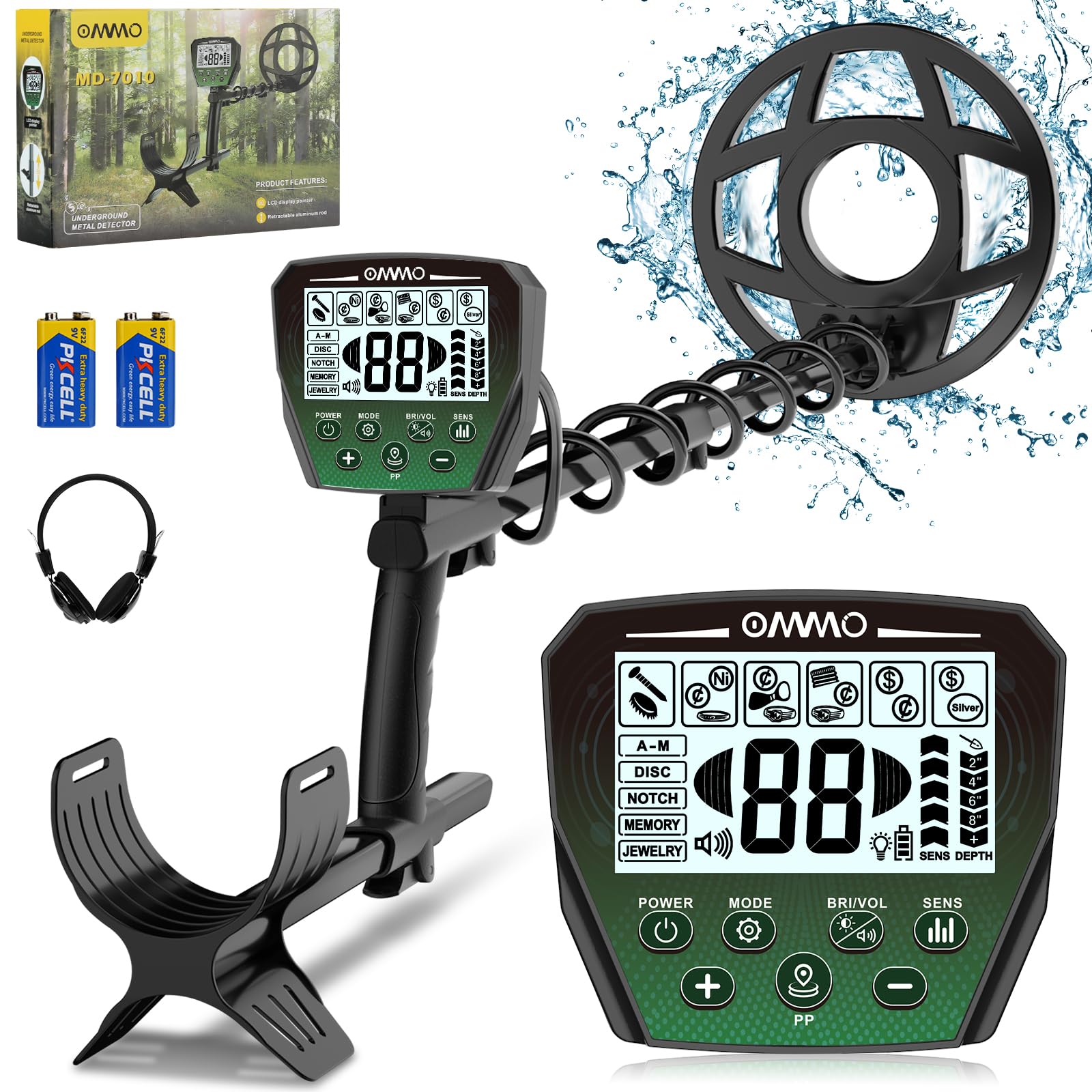 OMMO Professional Metal Detector for Adults - Adjustable Stem, 6 Detection Modes, High Accuracy Gold Detector with IP68 Waterproof Coil | Perfect for Beach Treasure Hunting, Coin Shooting & Outdoor Adventures