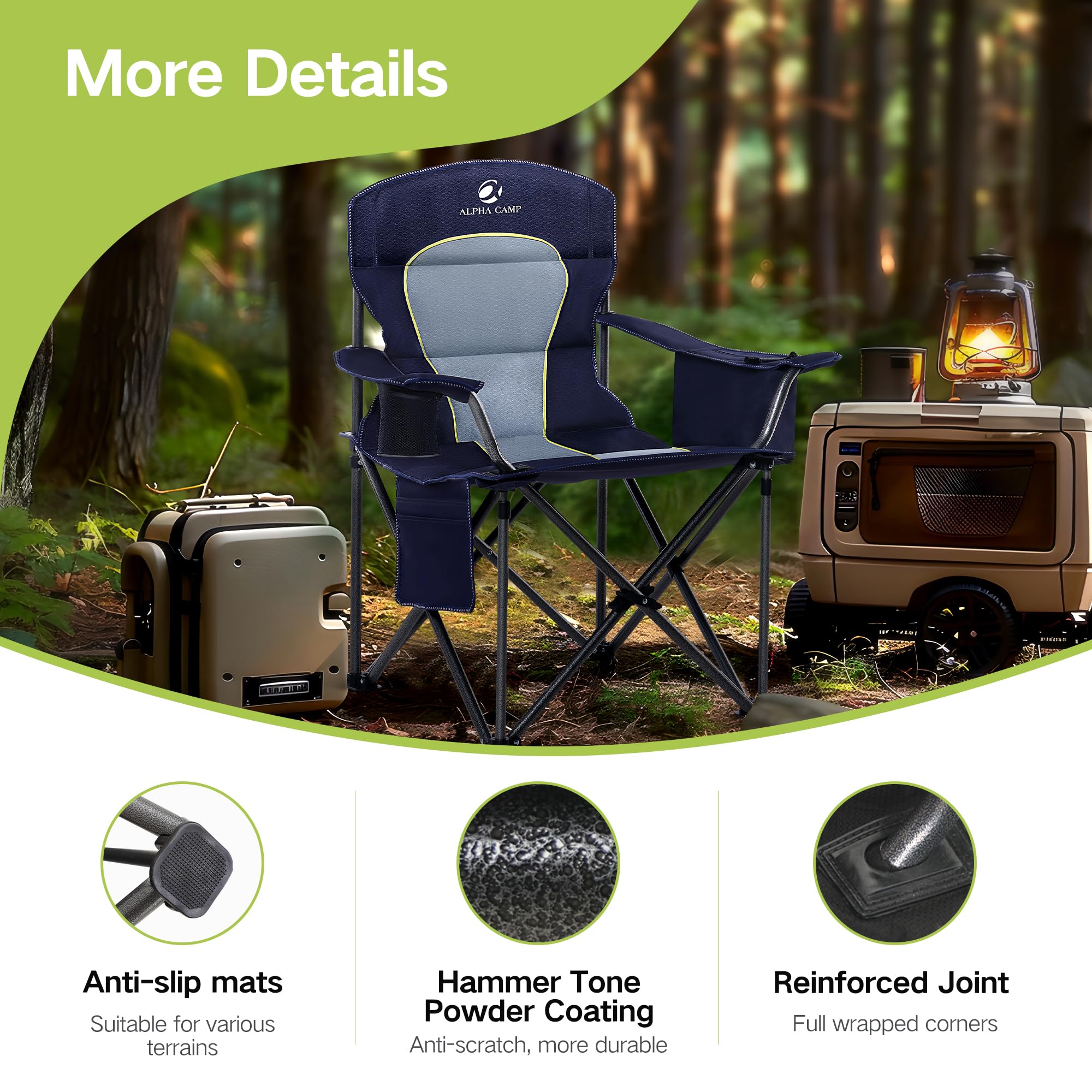 GREEN PARTY Heavy Duty Folding Camping Chair with Cooler Bag - Oversized Padded Outdoor Armchair with Cup Holder & Storage Pocket - Portable Collapsible Lawn Chair for Backyard, Beach, Picnic & Tailgating