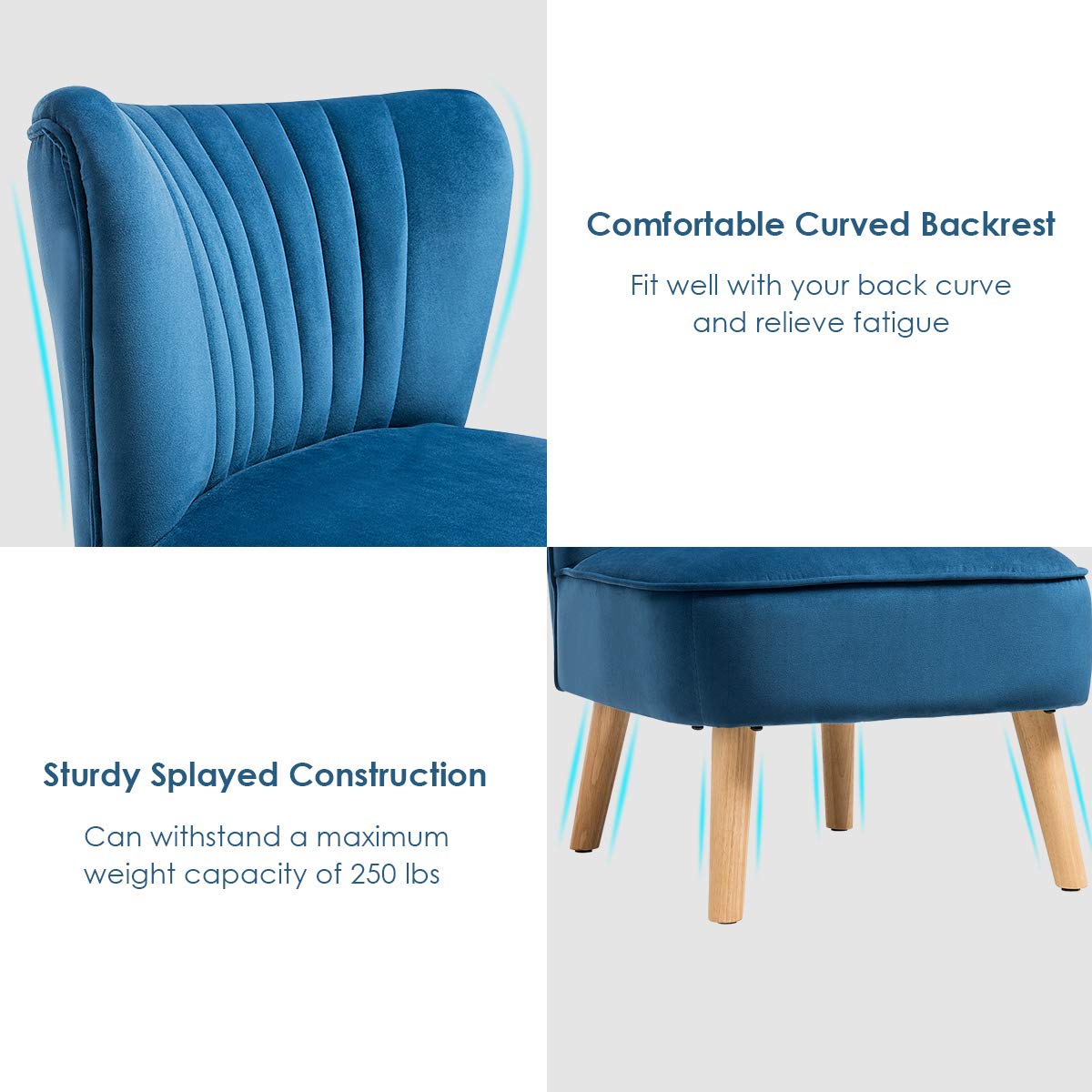 Giantex Set of 2 Velvet Accent Chairs with Wood Legs - Modern Upholstered Armless Wingback Club Chairs, Thickly Padded for Living Room, Bedroom, Office & Lounge - Comfortable Seating for Home Decor & Relaxation