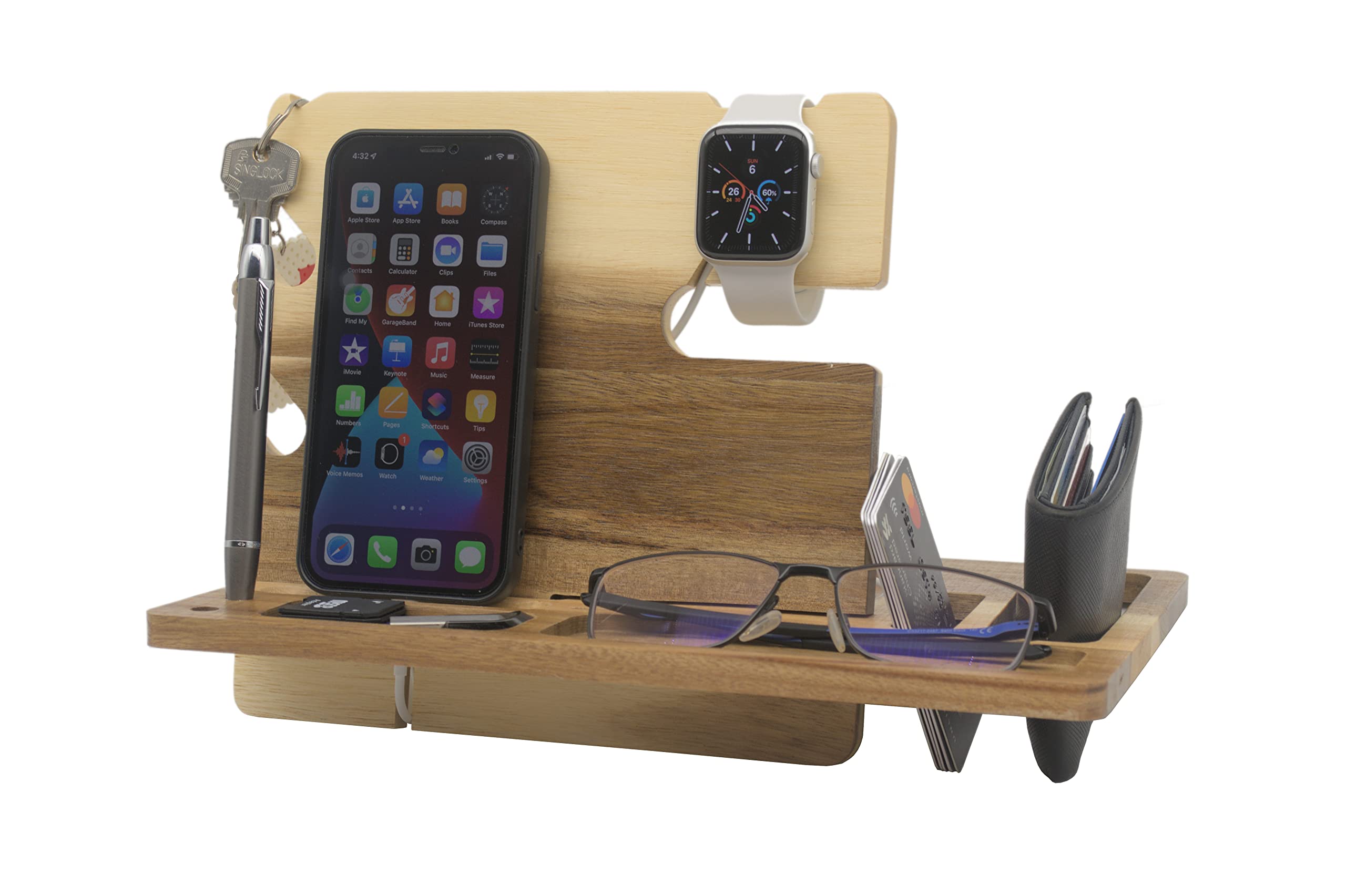 Premium Wooden Phone Docking Station & Nightstand Organizer - Multi-Functional Apple Watch Charging Stand with Wallet & Key Holder - Bedside Table & Desk Organizer for Men by Fomo Planet | Perfect for Bedroom, Office & Travel Accessory Organization