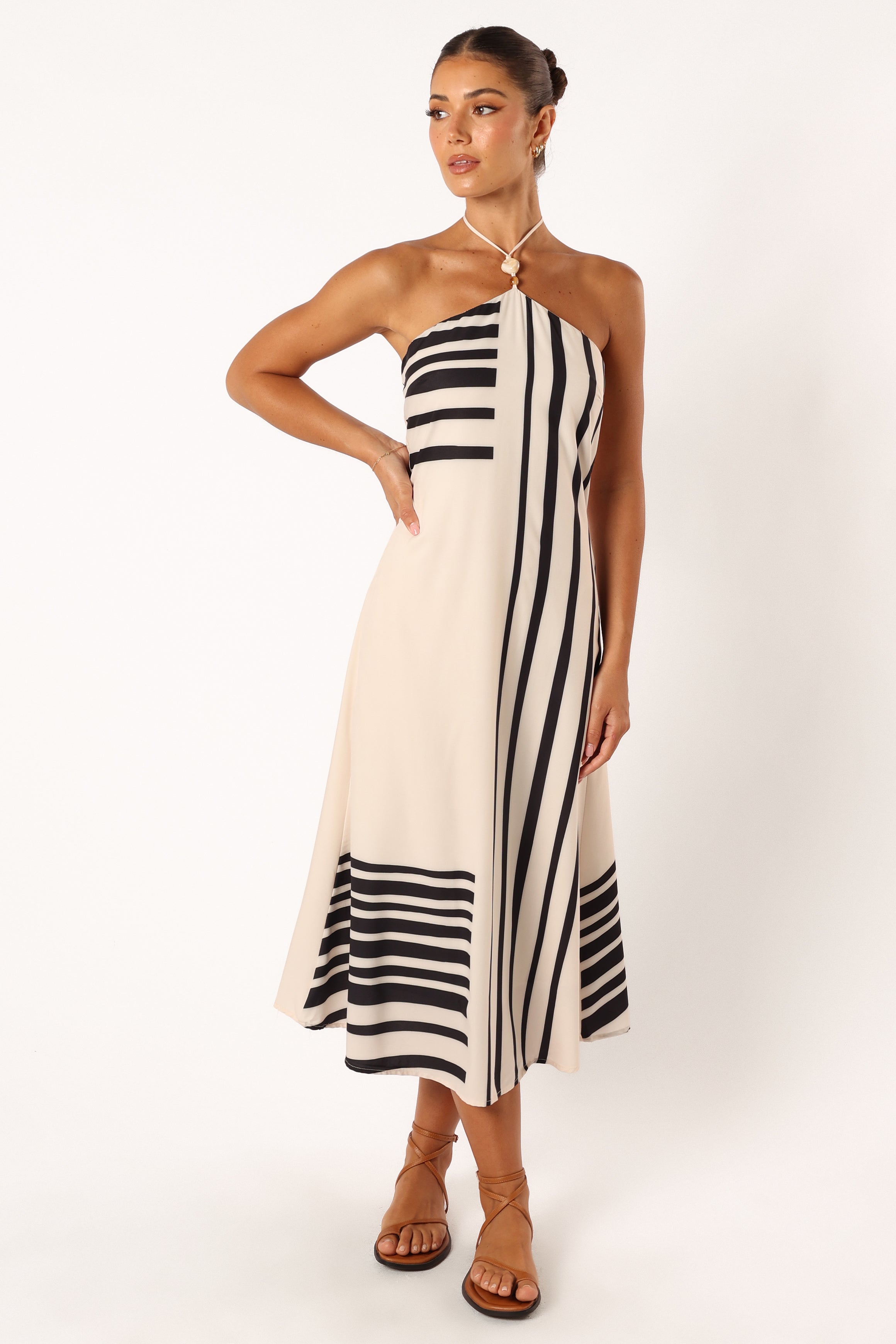 Deana Halterneck Midi Dress for Women - Cream & Black Floral Print Summer Dress for Beach, Party, and Casual Wear
