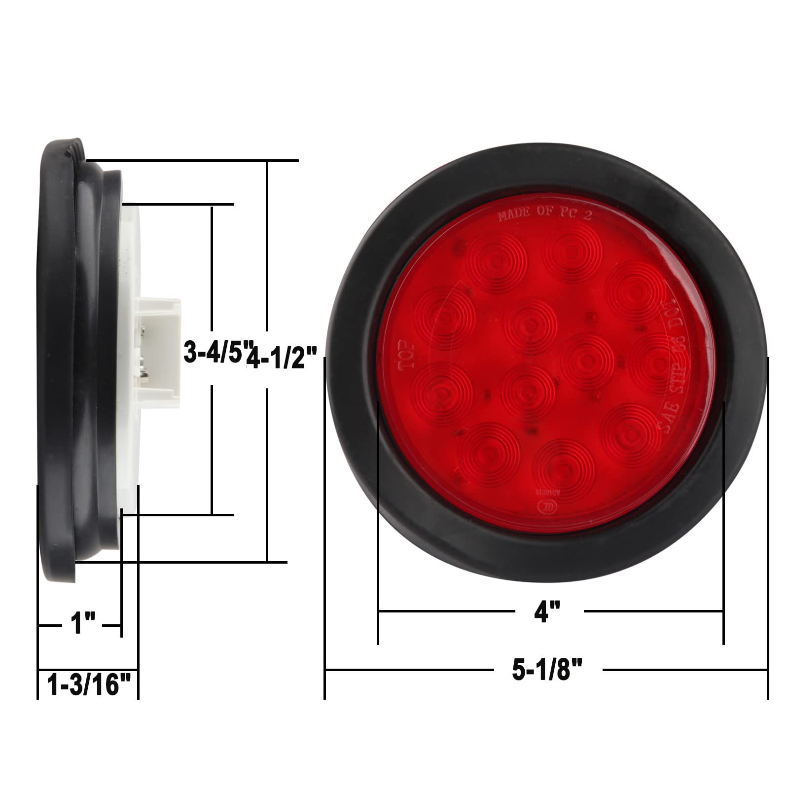 10Pcs 4 Inch Round LED Trailer Tail Lights - Red 12 LED Waterproof Brake Turn Signal Lights for Trucks, RVs & Trailers - Flush Mount with 3-Prong Wire Pigtails - Durable & Weatherproof for Heavy-Duty Use