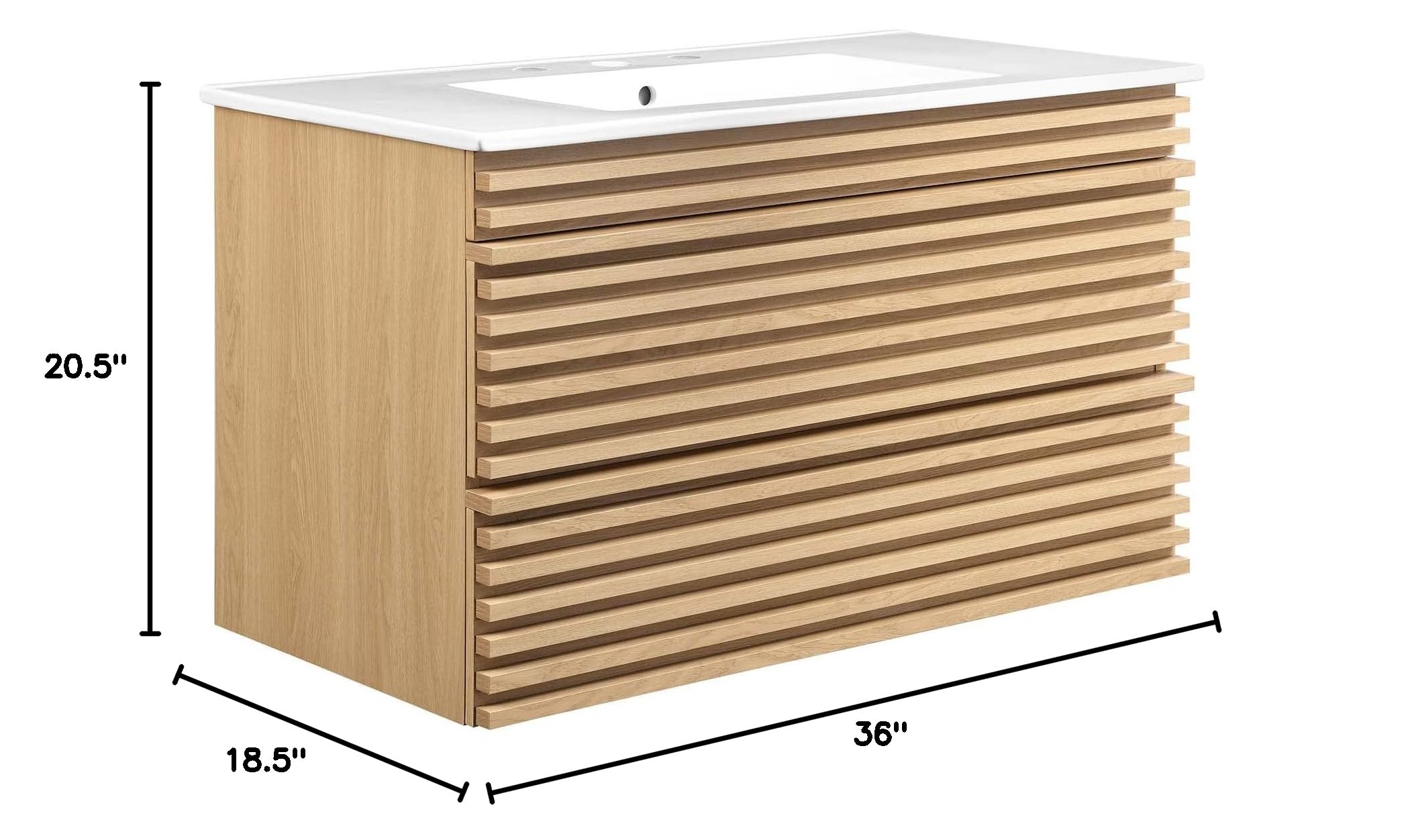Modway Render 36 Inch Wall Mounted Bathroom Vanity - White Oak Finish for Modern Bathrooms, Small Spaces & Powder Rooms