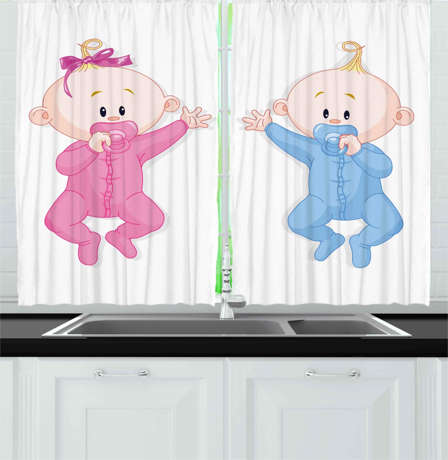 Ambesonne Cartoon Kitchen Curtains Set of 2 Panels - Modern Minimalist Drawing Design with Characters on Plain Background, 55