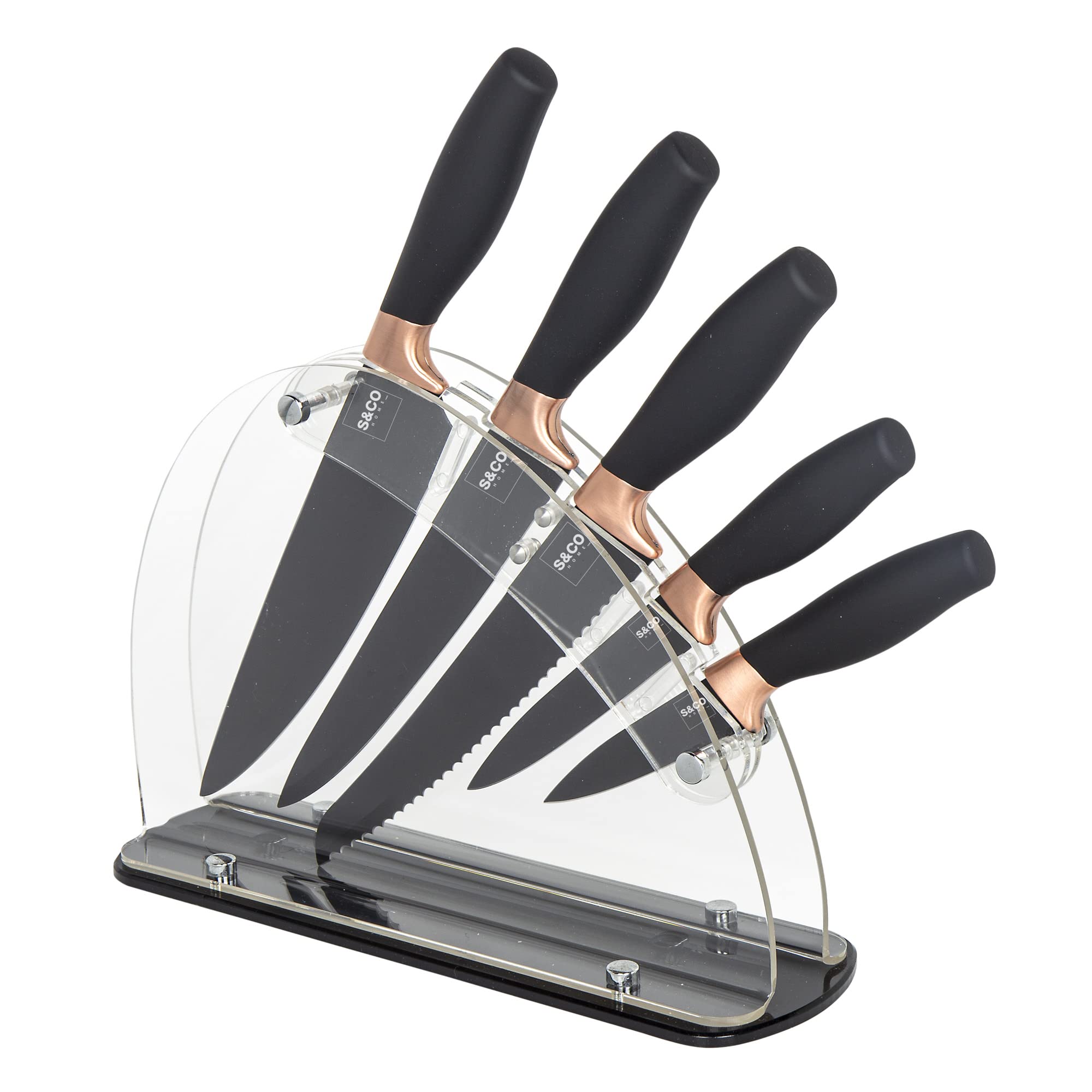 Premium 6-Piece Kitchen Knife Set with Acrylic Block - Ultra Sharp Stainless Steel Knives with Non-Stick Coating - Chef, Bread, Carving, Utility & Paring Knives - Elegant Black & Rose Gold Handles - Perfect for Home Cooking, Professional Chefs & Gift Giving