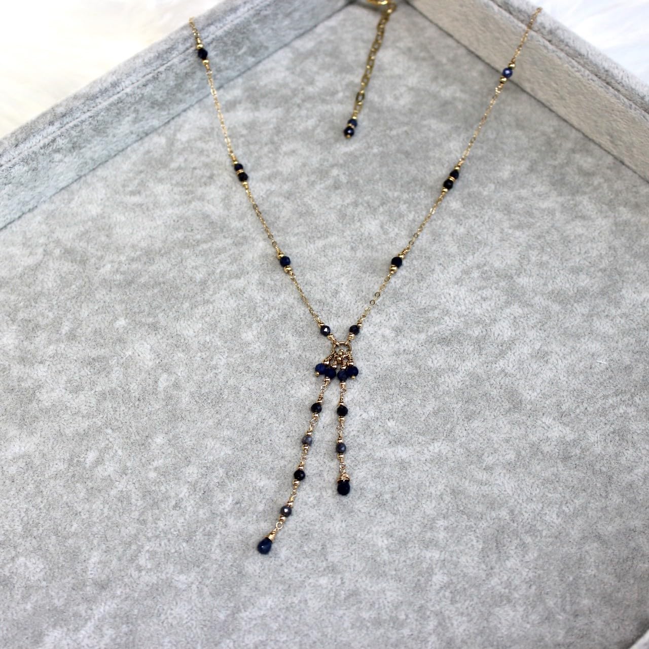 14K Gold Filled Blue Sapphire Lariat Necklace with Tassel & Delicate Y-Chain | 925 Sterling Silver Jewelry (15