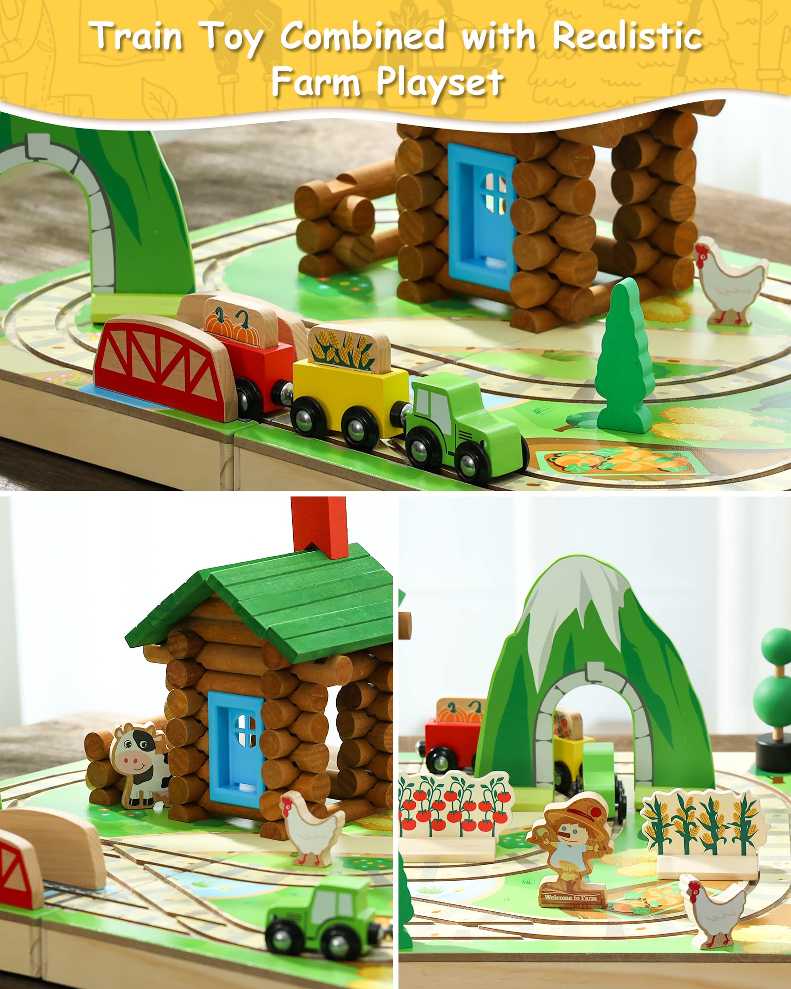 SainSmart Jr. Train Set for Toddlers - 78 PCS Portable Farm & Log Cabin Building Blocks, Take-Along Tabletop Railroad Toy for Kids Ages 3+ | Perfect for Pretend Play, Early Learning & Travel Entertainment
