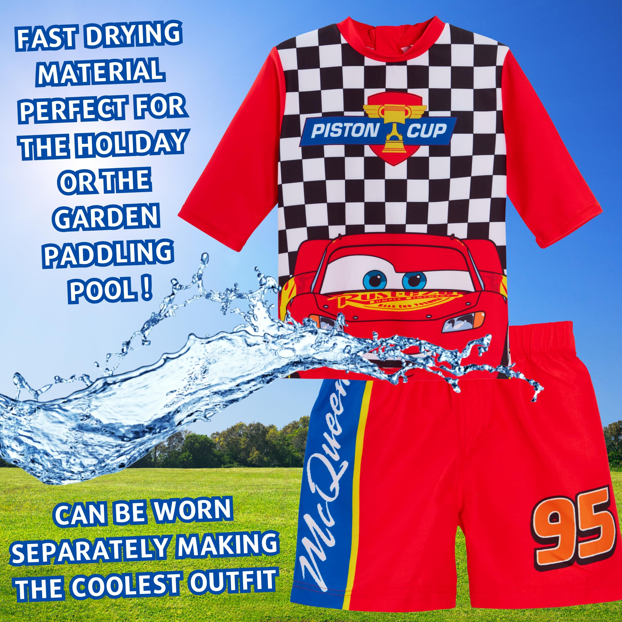Lightning McQueen Boys 2-Piece Swim Set - Quick-Dry Rash Guard & Board Shorts for Kids - Perfect for Swimming, Surfing & Beach Play