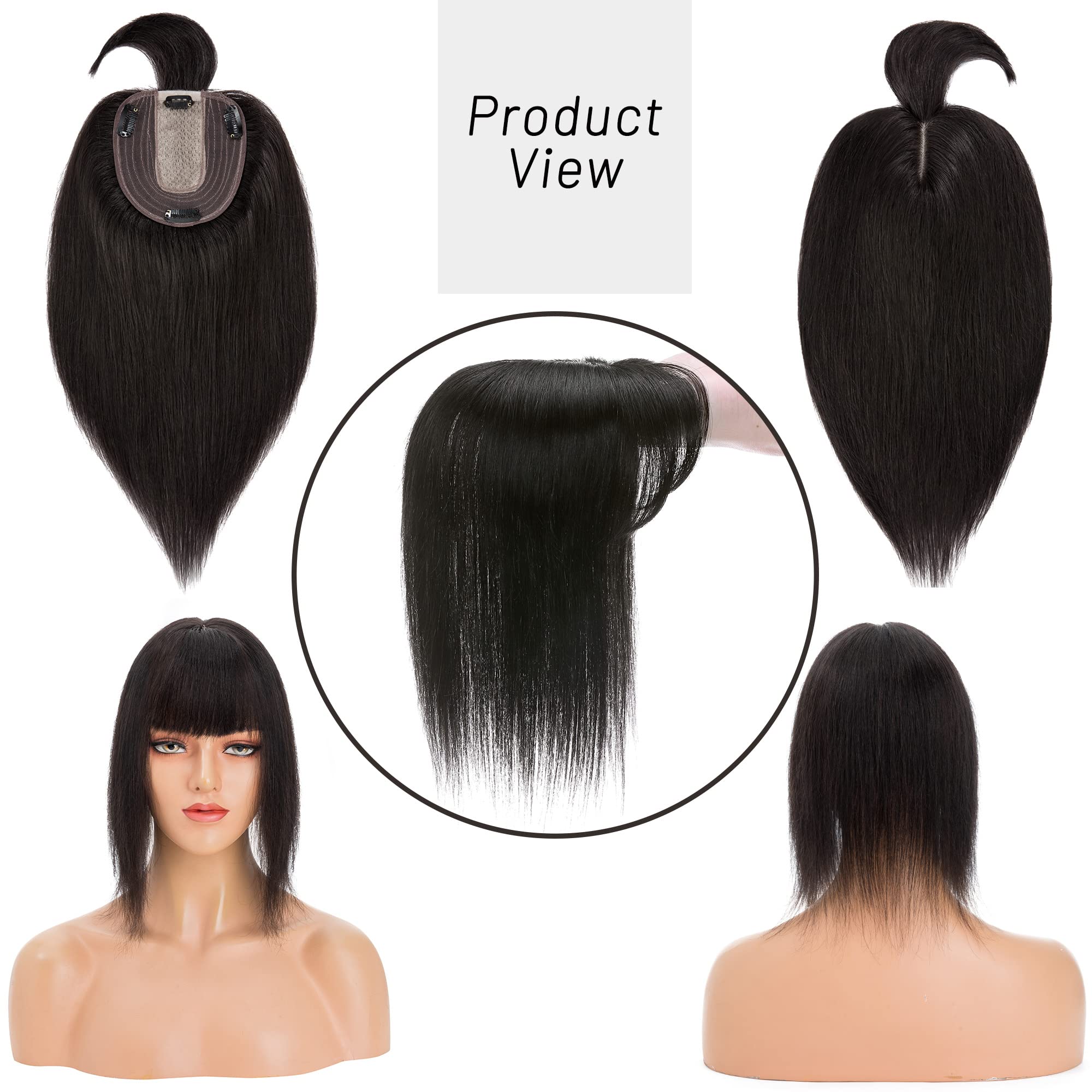 S-noilite 130% Density Human Hair Toppers with Bangs - Hand Tied Silk Base Clip-In Hairpiece for Women with Thinning Hair & Hair Loss - Natural Black 10 Inch 35g - Perfect for Daily Wear, Parties & Special Occasions