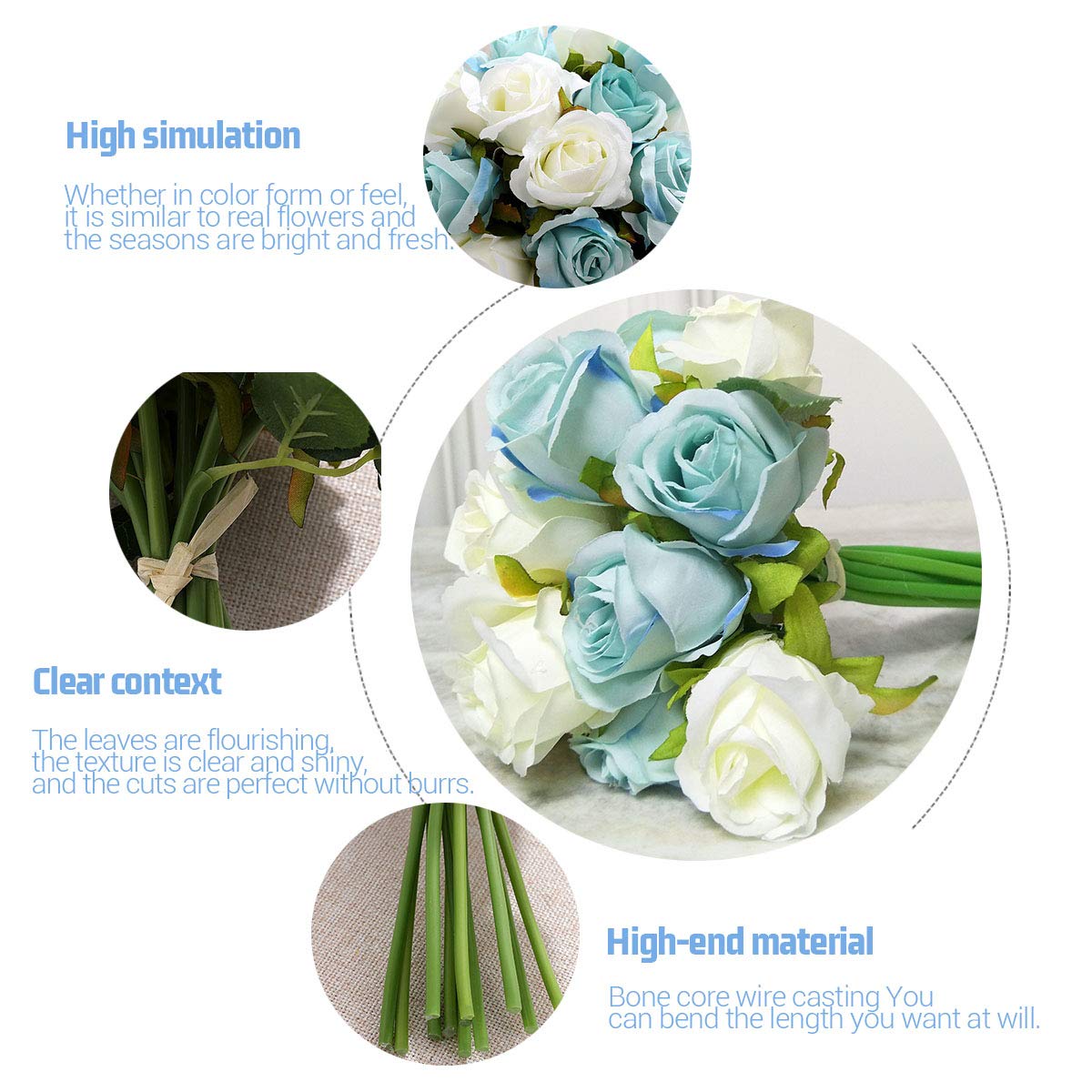 12 Heads Artificial Silk Rose Flowers Bouquet - Fake Roses for Wedding, Bridal, Home Decor (White & Blue) - Perfect for Centerpieces, Table Arrangements, and DIY Floral Projects