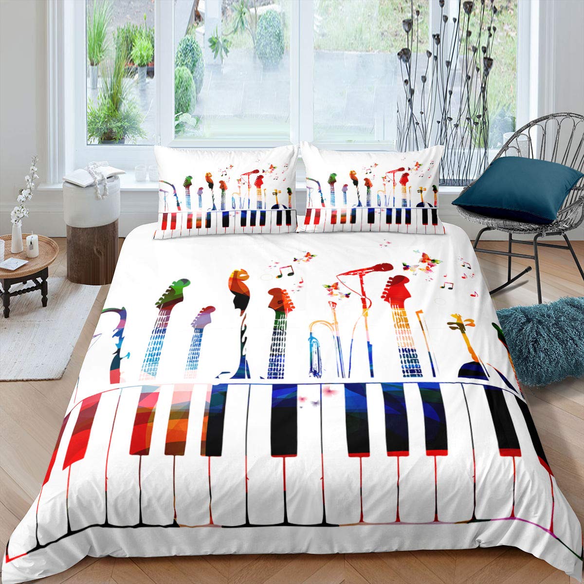 Erosebridal Music Theme Duvet Cover - Twin Size Piano Comforter with Flying Butterfly Design for Kids, Teens & Children's Room | Colorful Bedding Set for Girls' Bedroom Decor & Music Lovers | Perfect for Nursery, Dorm Room or Gift