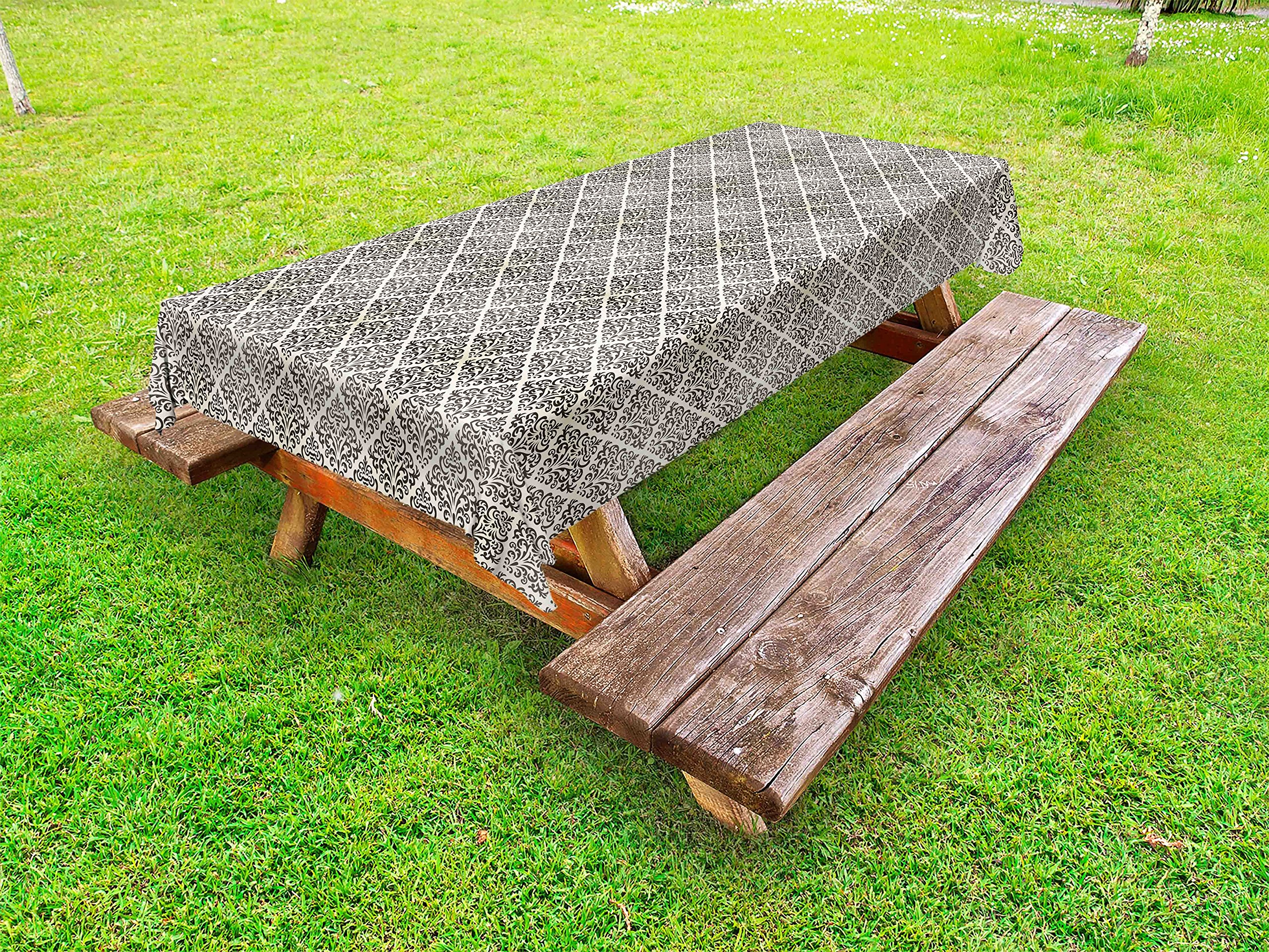 Ambesonne Vintage Floral Damask Outdoor Tablecloth - Washable Picnic Table Cover 58x120 Inches, Off White & Black Abstract Design - Perfect for Garden Parties, BBQs, and Outdoor Dining