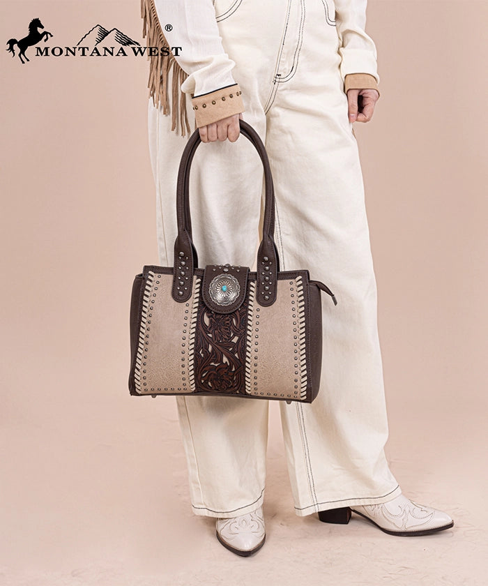Montana West Tooled Leather Concealed Carry Tote Bag for Women - Western Style Handbag with Concho Details - Perfect for Everyday Use, Travel & Concealed Carry