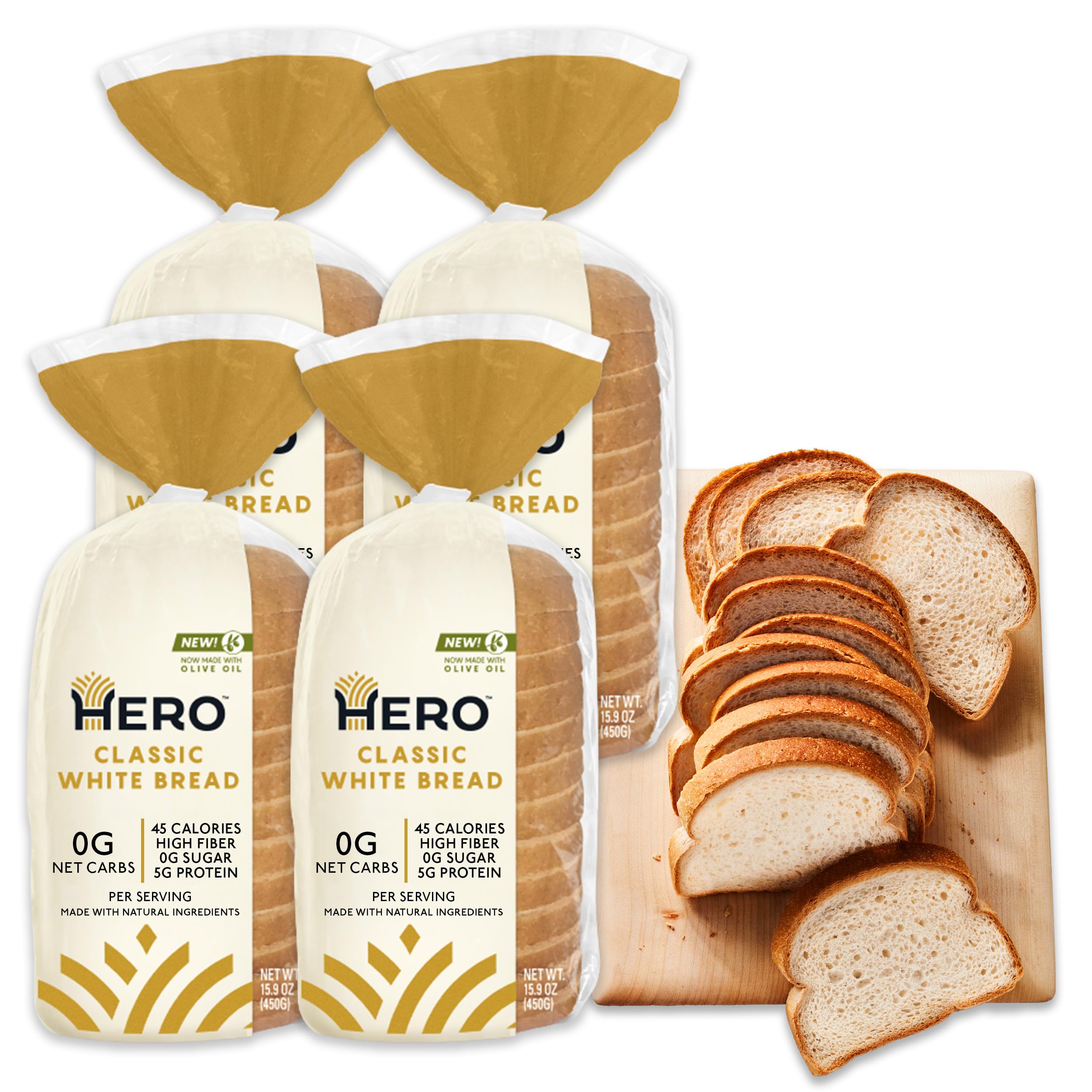 Hero Classic White Bread — 0g Net Carb, 0g Sugar, 45 Calories, 10g Fiber per Slice | Keto Friendly, Low Carb Bread | Tastes Like Regular Bread | 15 Slices per Loaf, Pack of 4 | Perfect for Sandwiches, Toast & Keto Diet