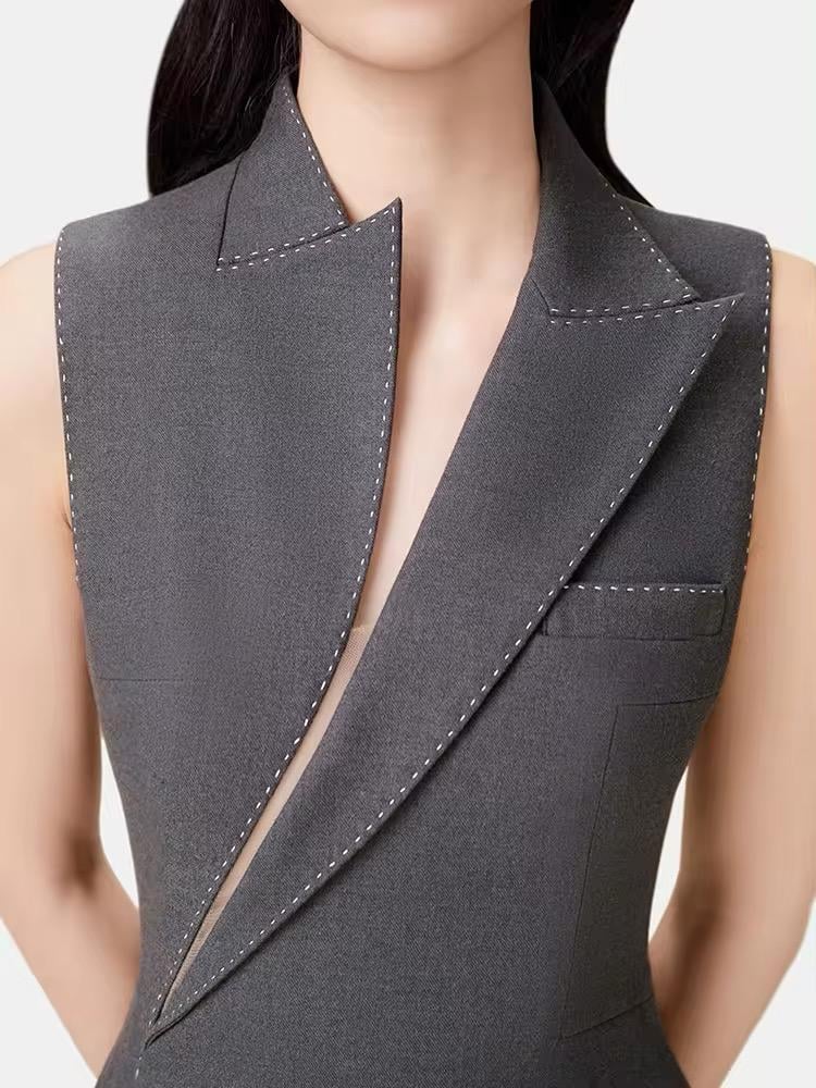 Elegant Asymmetrical Collar Blazer Midi Dress in Grey - Perfect for Office Wear, Cocktail Parties & Special Occasions