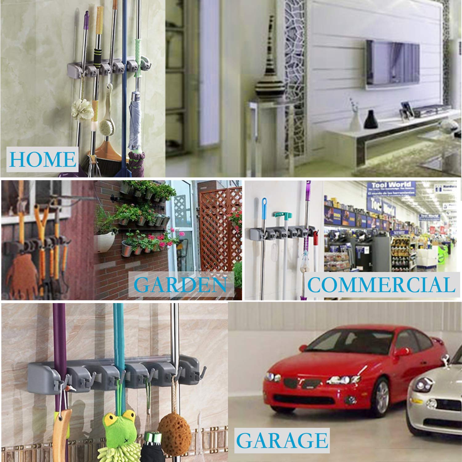 HYRIXDIRECT Heavy Duty Wall Mount Broom Mop Holder with Hooks - Garage, Laundry Room & Garden Tool Organizer Rack for Space Saving Storage | Perfect for Home, Kitchen, Bathroom & Utility Room Organization
