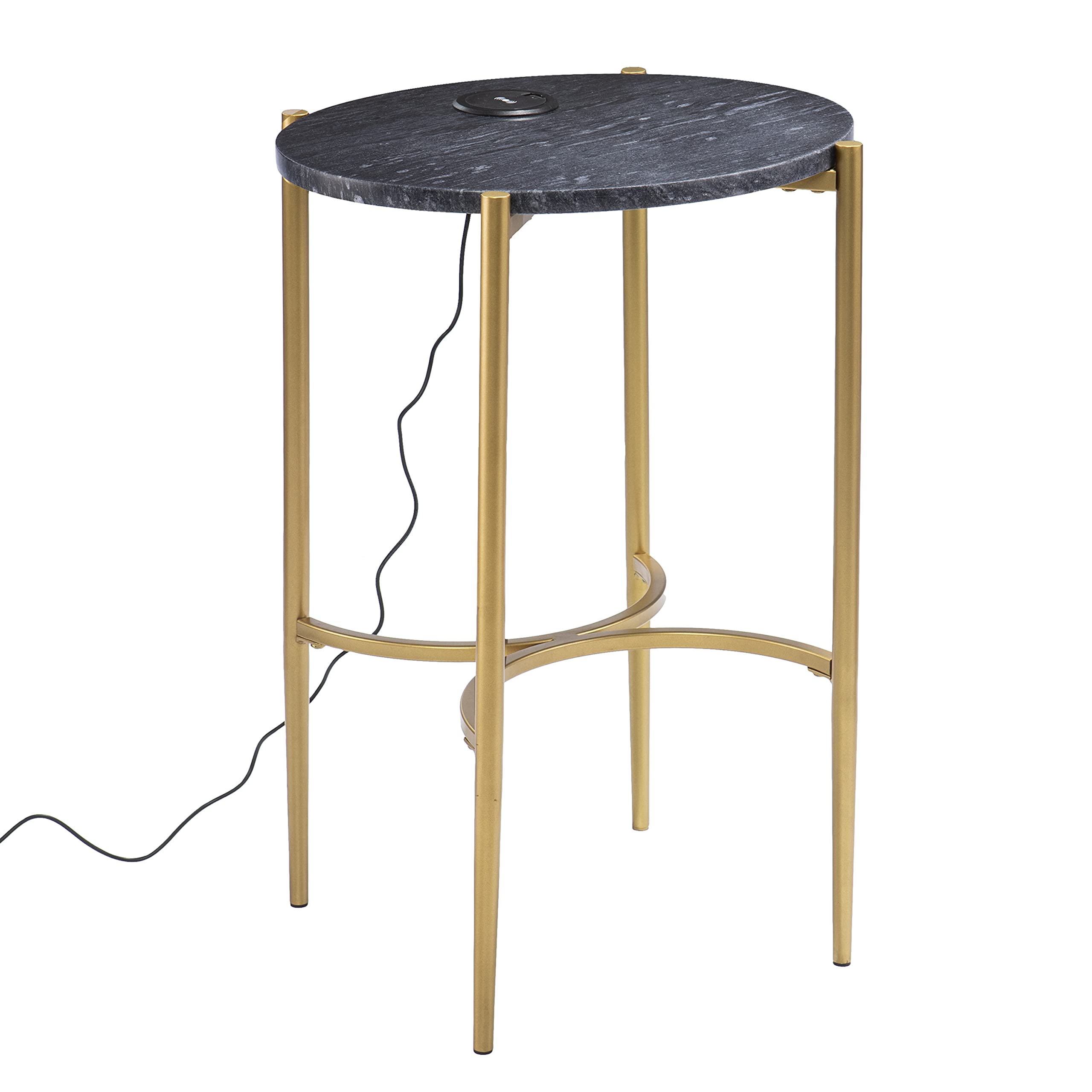 SEI Furniture Clarvin Side Table with Wireless Charging Station - Modern Nightstand with USB Ports for Bedroom, Living Room - Black and Gold Accent End Table