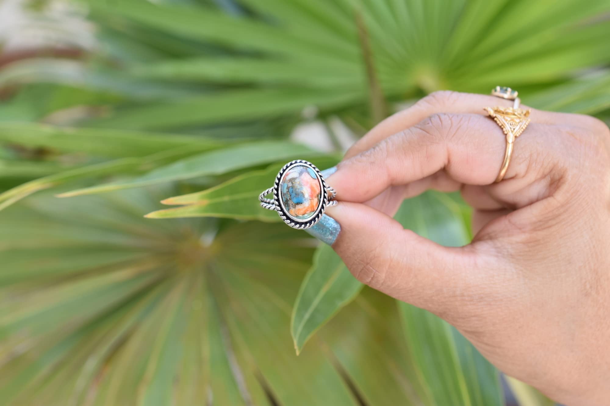Vintage Handmade Oyster Copper Turquoise 925 Sterling Silver Ring - Boho Hippie Jewelry - Spiny Turquoise Birthstone Ring - Perfect Birthday Gift for Women - TQ-22 - Ideal for Festivals, Boho Fashion & Everyday Wear