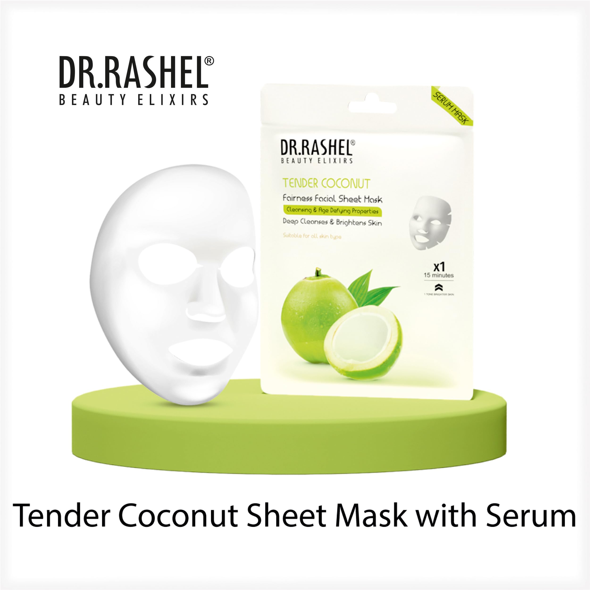 DR.RASHEL Tender Coconut Face Sheet Mask with Serum for Women & Men - All Skin Types | Deep Cleansing, Oil Control & Hydration | Repairing & Nourishing Treatment | Paraben-Free (Pack of 4, 20g Each) | Perfect for Daily Skincare, Spa Days & Travel