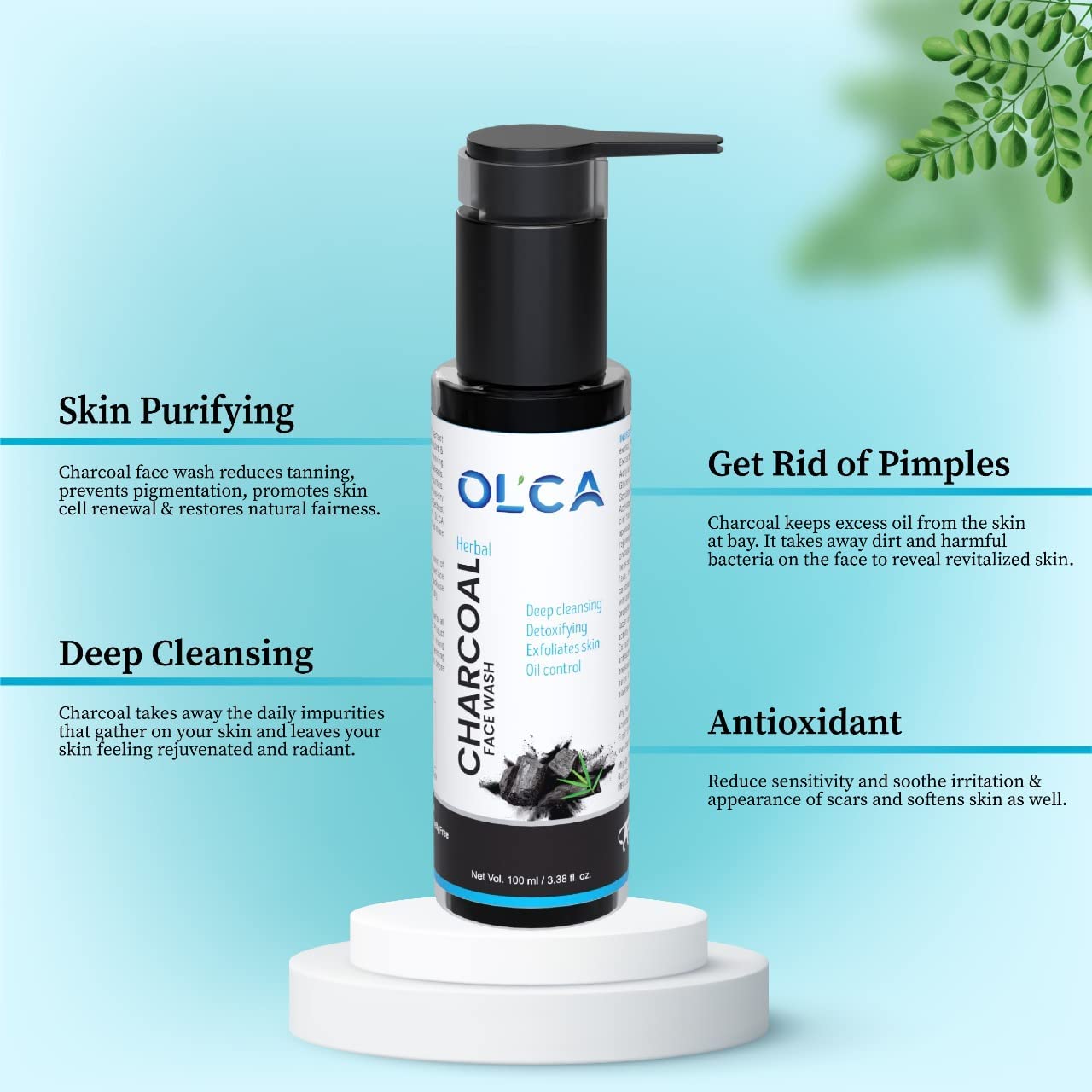 OLCA Charcoal Face Wash for Acne & Oily Skin - Deep Cleansing, Detoxifying & Exfoliating Facial Cleanser with Vitamin E & Natural Antibacterial Ingredients (100ml, Pack of 3) | Perfect for Daily Skincare Routine & Blackhead Removal