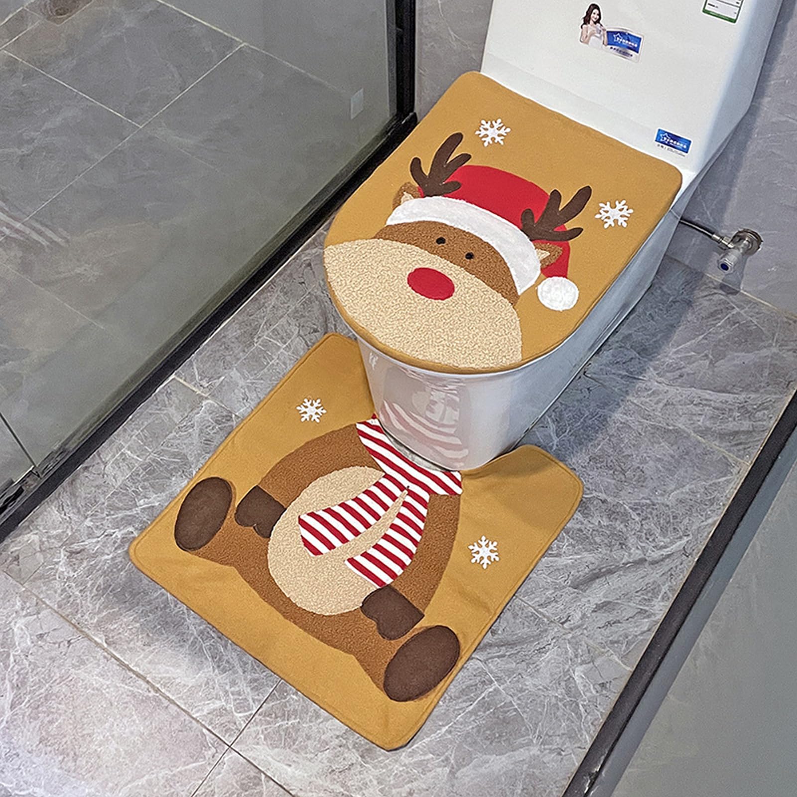 Christmas Snowman Santa Deer Toilet Seat Cover and Bath Mat Set - Festive Holiday Bathroom Decor for Xmas Party & Home Decorations - Perfect for Christmas Decor, Holiday Gifts & Winter Home Styling