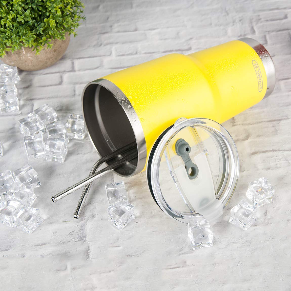 30oz Insulated Stainless Steel Tumbler with Straw Lid & Cleaning Brush - Yellow & Cream Double Wall Vacuum Cup for Hot & Cold Drinks - Perfect for Office, Gym, Travel and Outdoor Activities