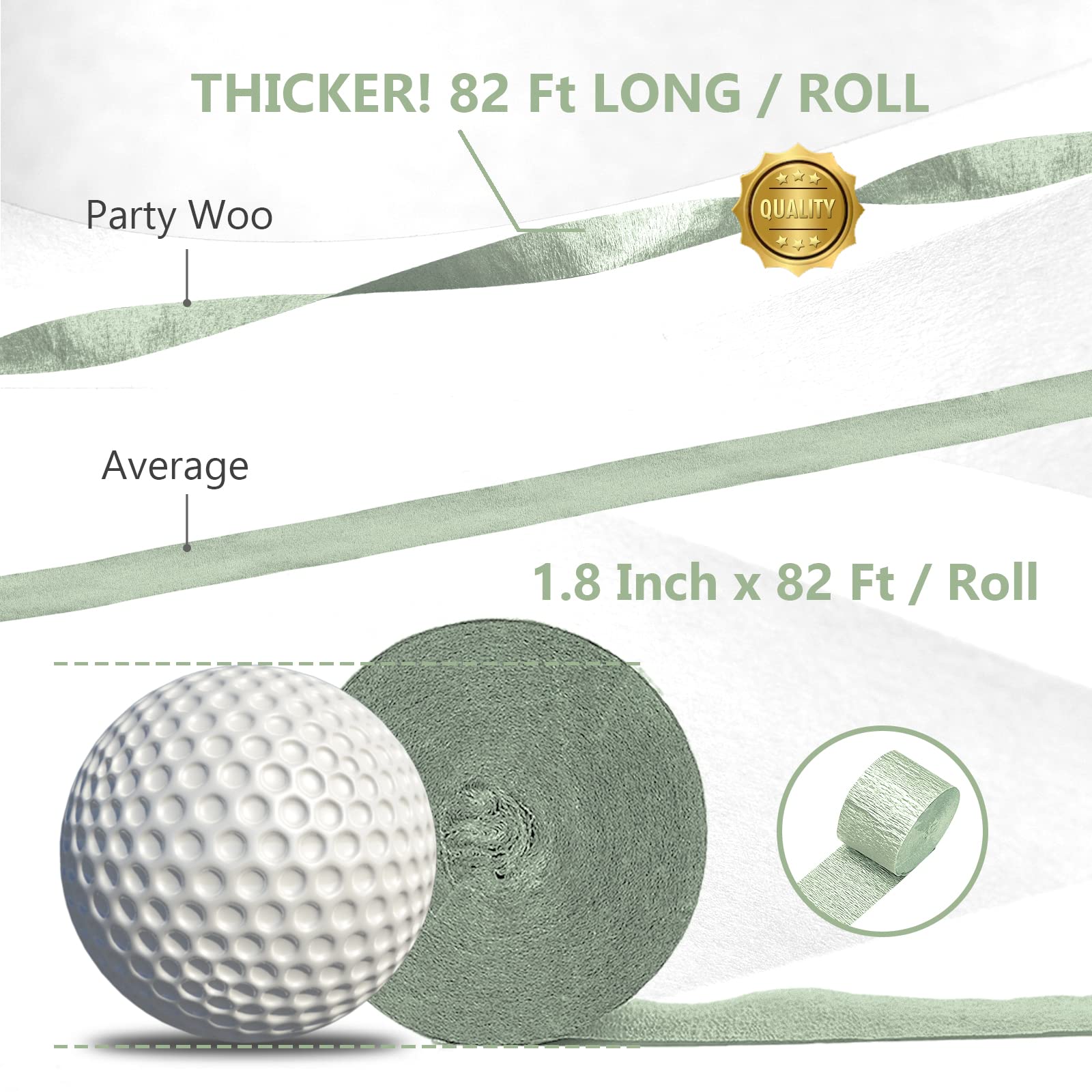 PartyWoo Crepe Paper Streamers - 4 Rolls (328ft Total) Sage Green Decorative Paper for Party, Wedding, Birthday & Baby Shower Decorations (1.8