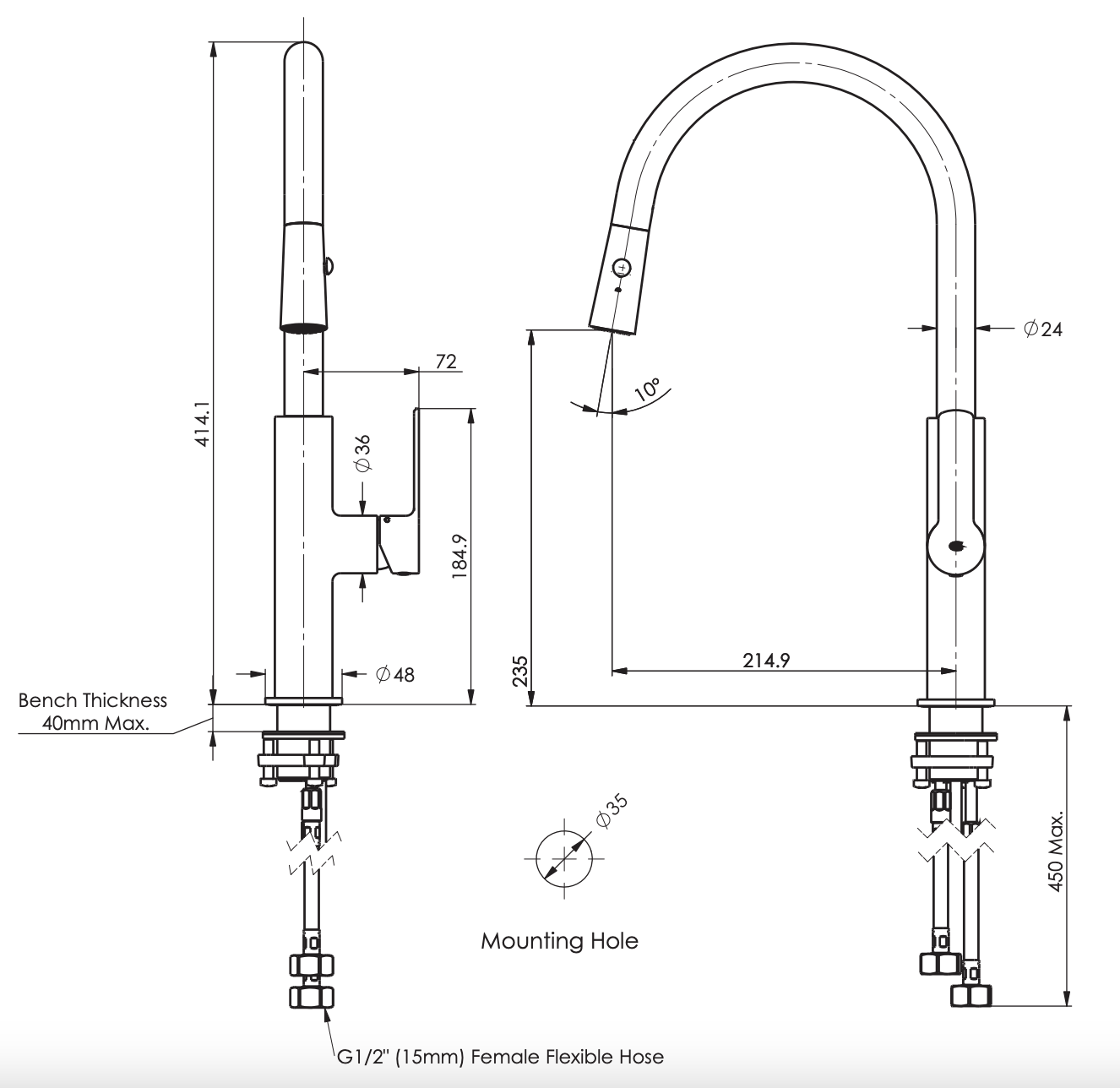 Greens Astro II Pull Down Kitchen Sink Faucet with PVD Matte Black Finish - Modern Single Handle High Arc Brushed Nickel Waterfall Sprayer for Farmhouse & Contemporary Homes - Perfect for Cooking, Washing Dishes & Filling Large Pots