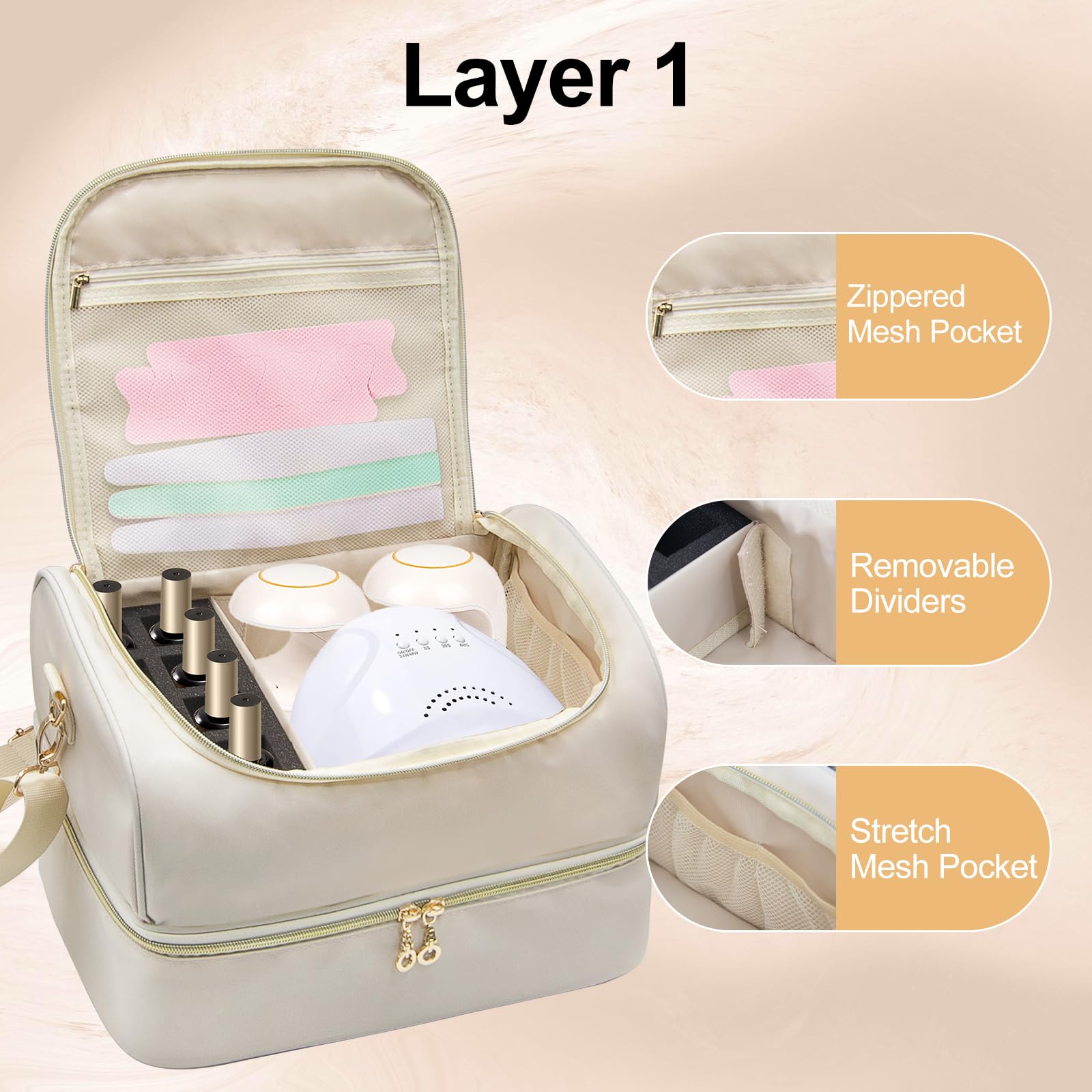 Double Layer Nail Polish Organizer Case - Holds 45 Bottles & Nail Lamp, Portable Nail Supplies Storage Box for Salon, Travel & Home Use