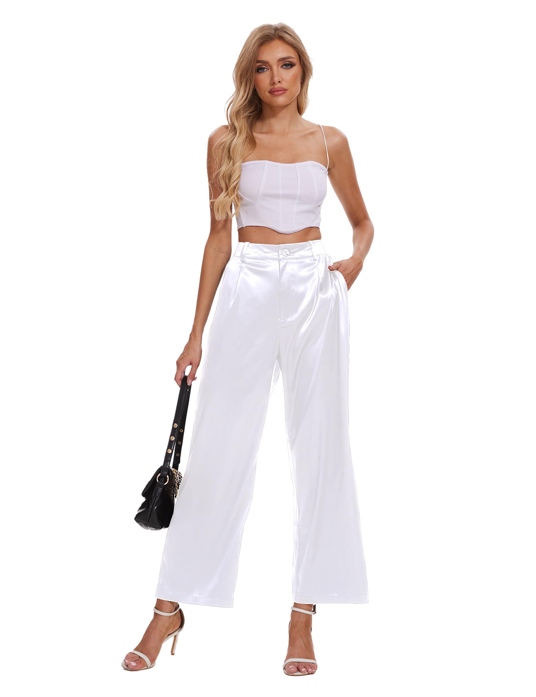 Women's High Waist Satin Wide Leg Pants - Elegant Silk Dress Pants with Pockets for Casual & Party Wear | Perfect for Office, Night Out, and Special Occasions