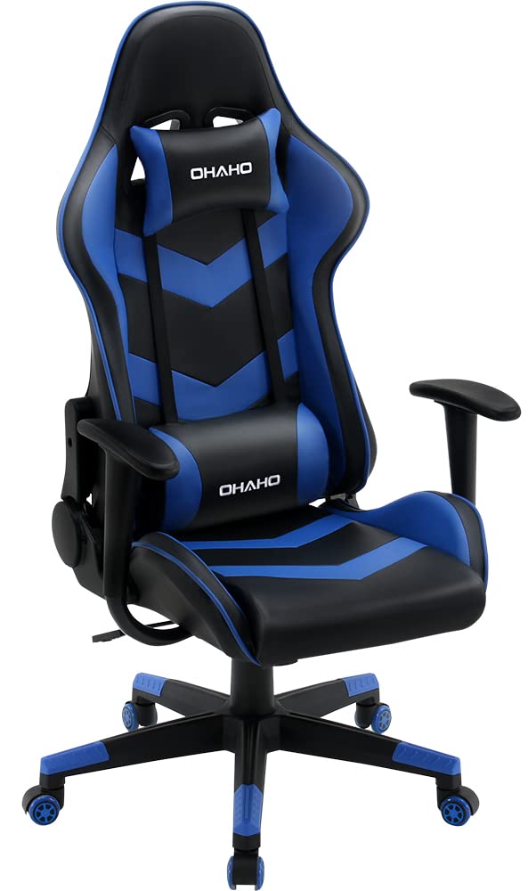 OHAHO Ergonomic Gaming Chair - High Back Racing Office Chair with Headrest & Lumbar Support, PU Leather Computer Desk Chair for Home & Work, Swivel Executive Chair with Massage Function (Blue) - Perfect for Gamers, Remote Workers & Office Professionals