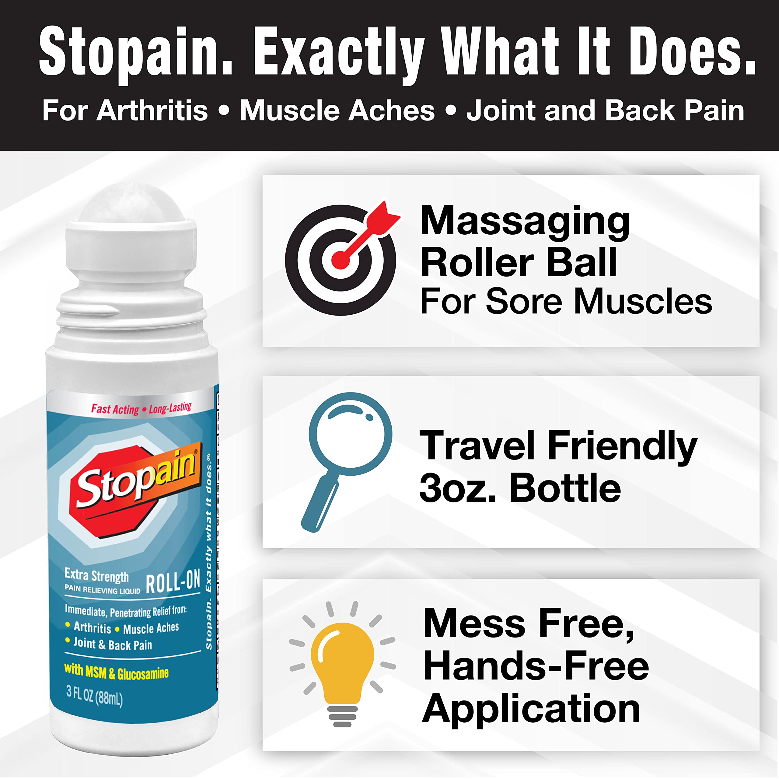 Stopain Pain Relief Roll On Gel 3oz (3 Pack) - Maximum Strength Fast Acting with MSM & Glucosamine - USA Made HSA/FSA Approved - Soothes Back, Knee & Neck Pain - Perfect for Athletes, Office Workers & Arthritis Sufferers