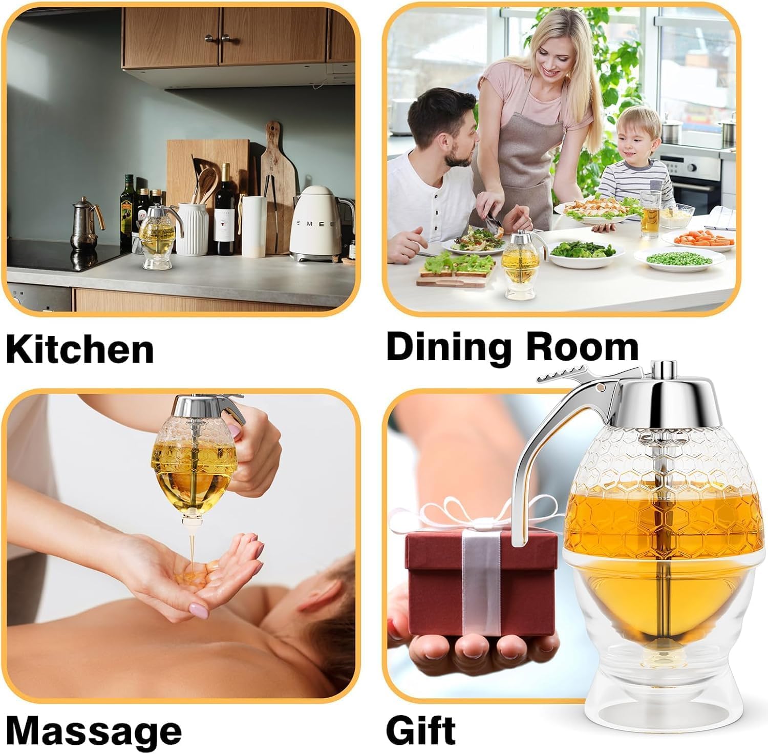 No Drip Glass Honey Dispenser with Stand - 8 oz Honey Comb Shaped Jar for Maple Syrup & Liquid Sweeteners - Perfect for Home Kitchen, Coffee Bar, Breakfast Table & Bee-Themed Decor