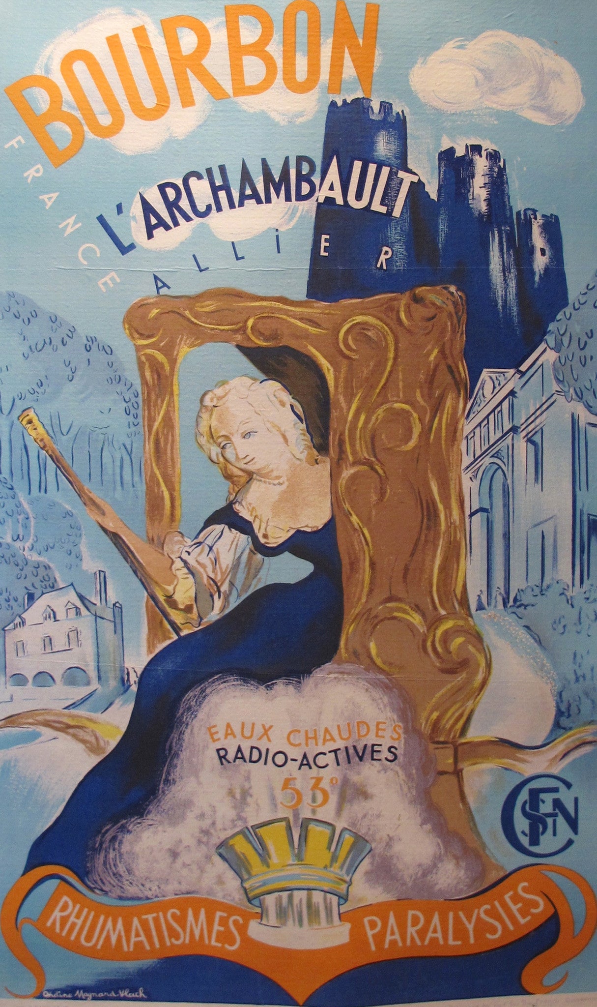 Vintage 1938 Original SNCF French Travel Poster - Bourbon l'Archambault by Maynard Vlach | Antique Railway Art, Retro Home Decor & Office Wall Art for Travel Enthusiasts