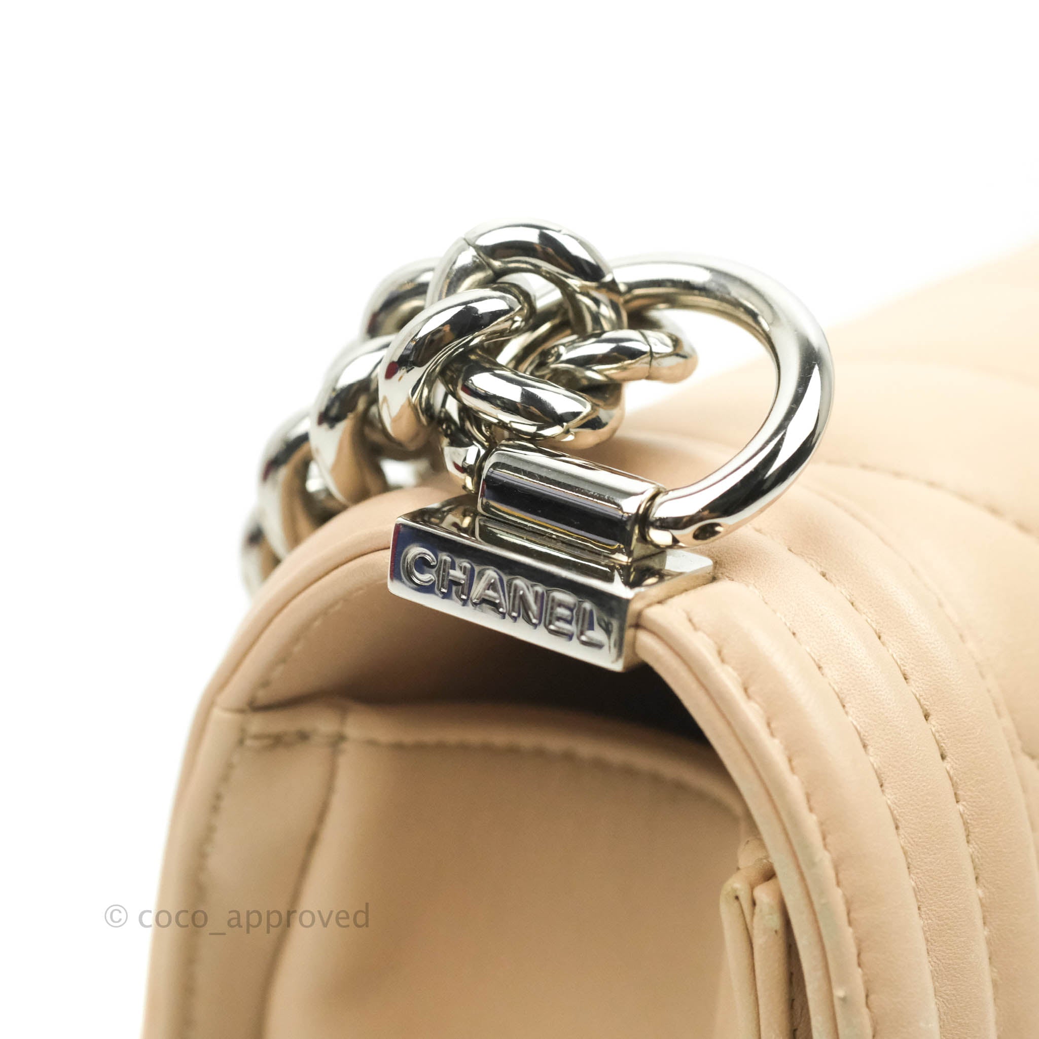 Chanel Chevron Medium Boy Bag in Light Pink Beige Calfskin with Silver Hardware - Luxury Crossbody Bag for Women, Perfect for Date Night & Special Occasions